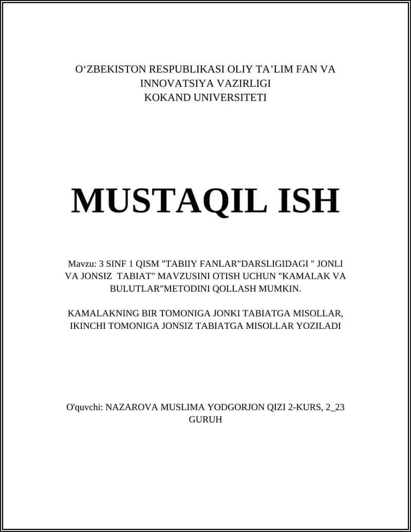 TABIIY FANLAR DARSLIGI "JONLI VA JONSIZ TABIAT"