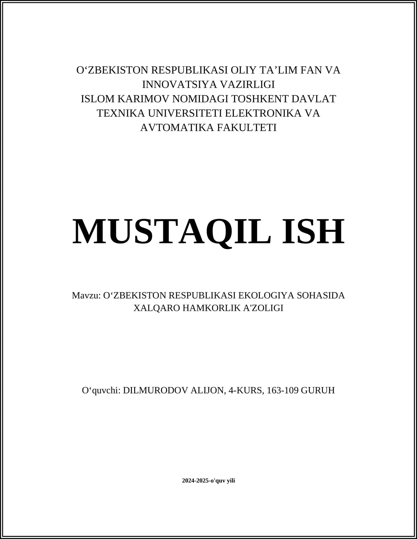 Oʻzbekiston Respublikasi Ekologiya Sohasida Xalqaro Hamkorlik A'zoligi