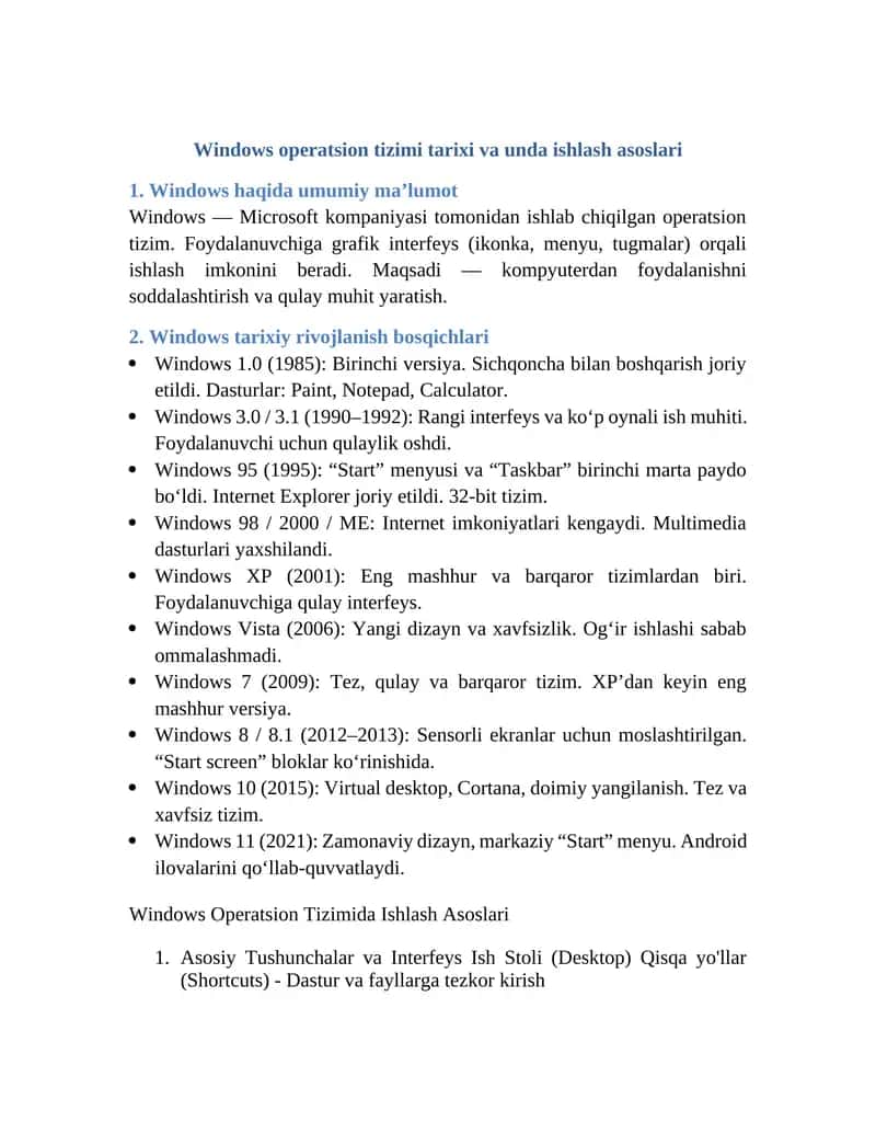 Windows operatsion tizimi tarixi va unda ishlash asoslari