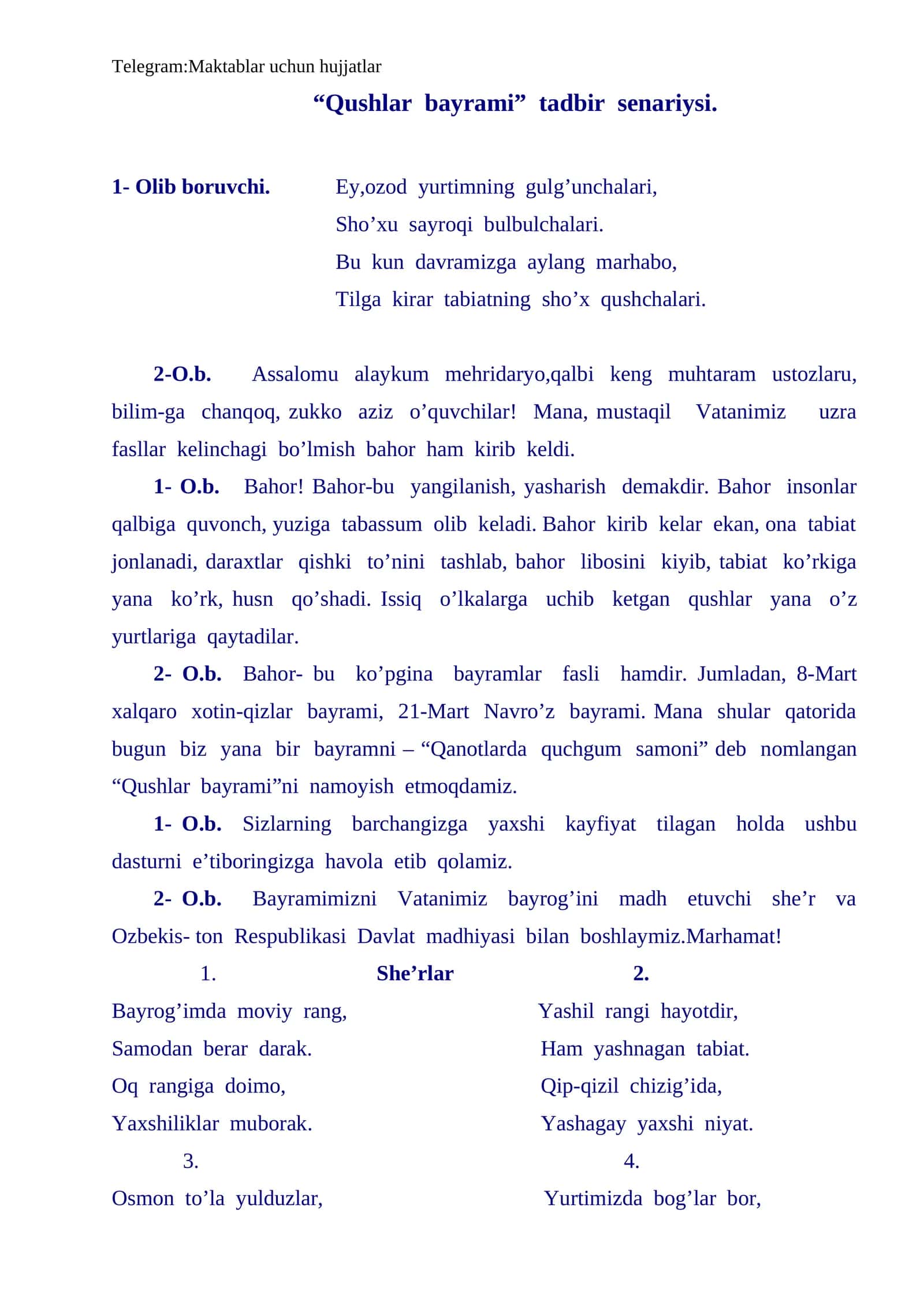 "Qushlar bayrami" tadbir senariysi