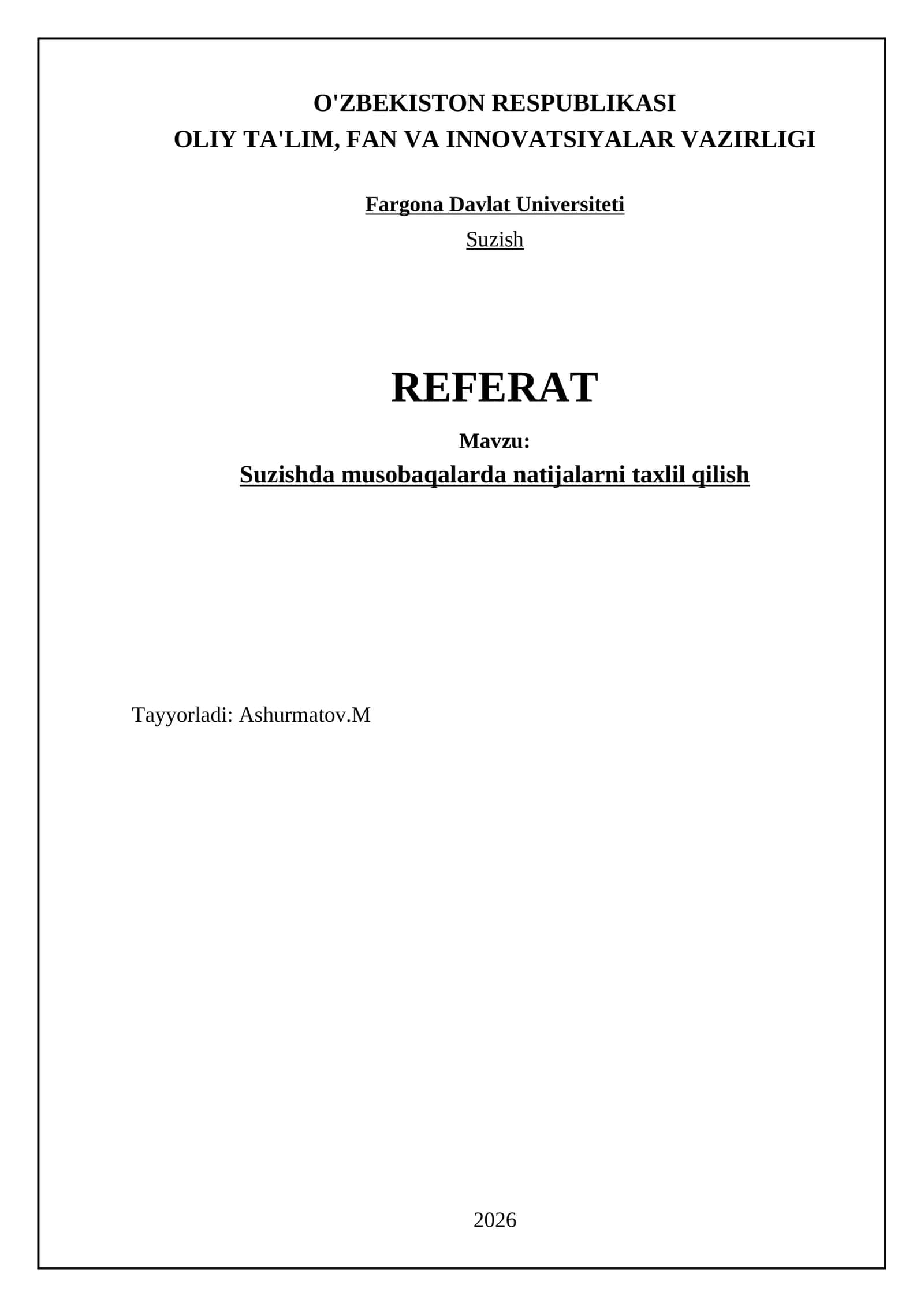 Suzishda musobaqalarda natijalarni taxlil qilish