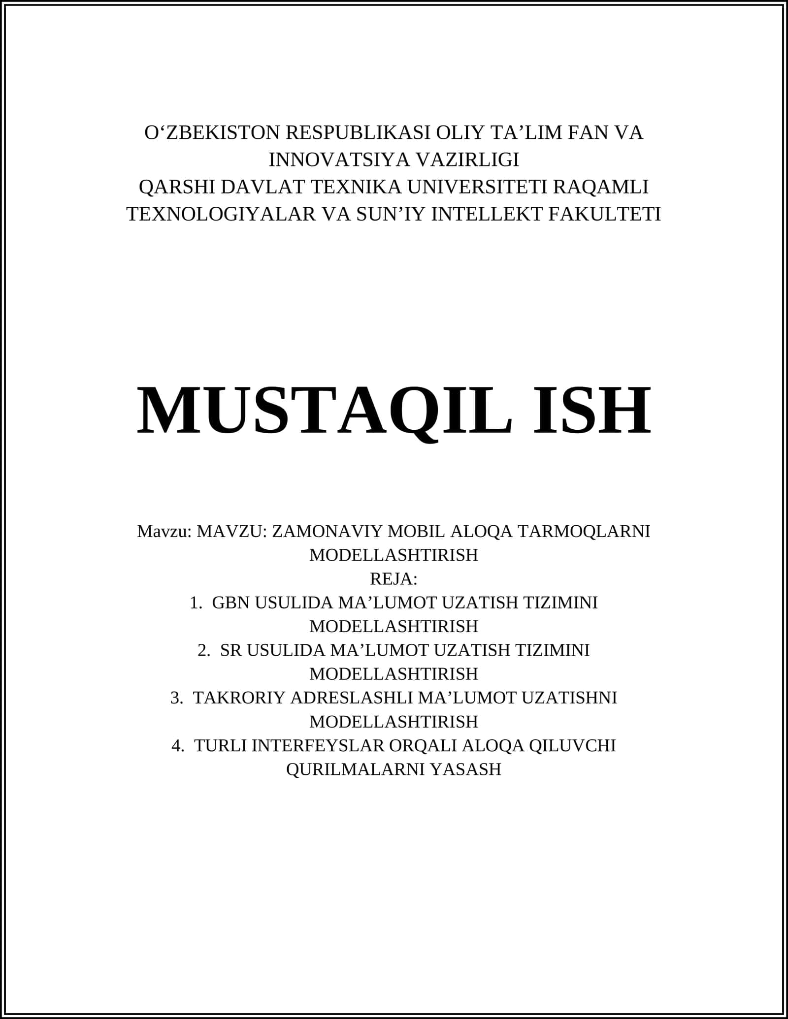ZAMONAVIY MOBIL ALOQA TARMOQLARNI MODELLASHTIRISH