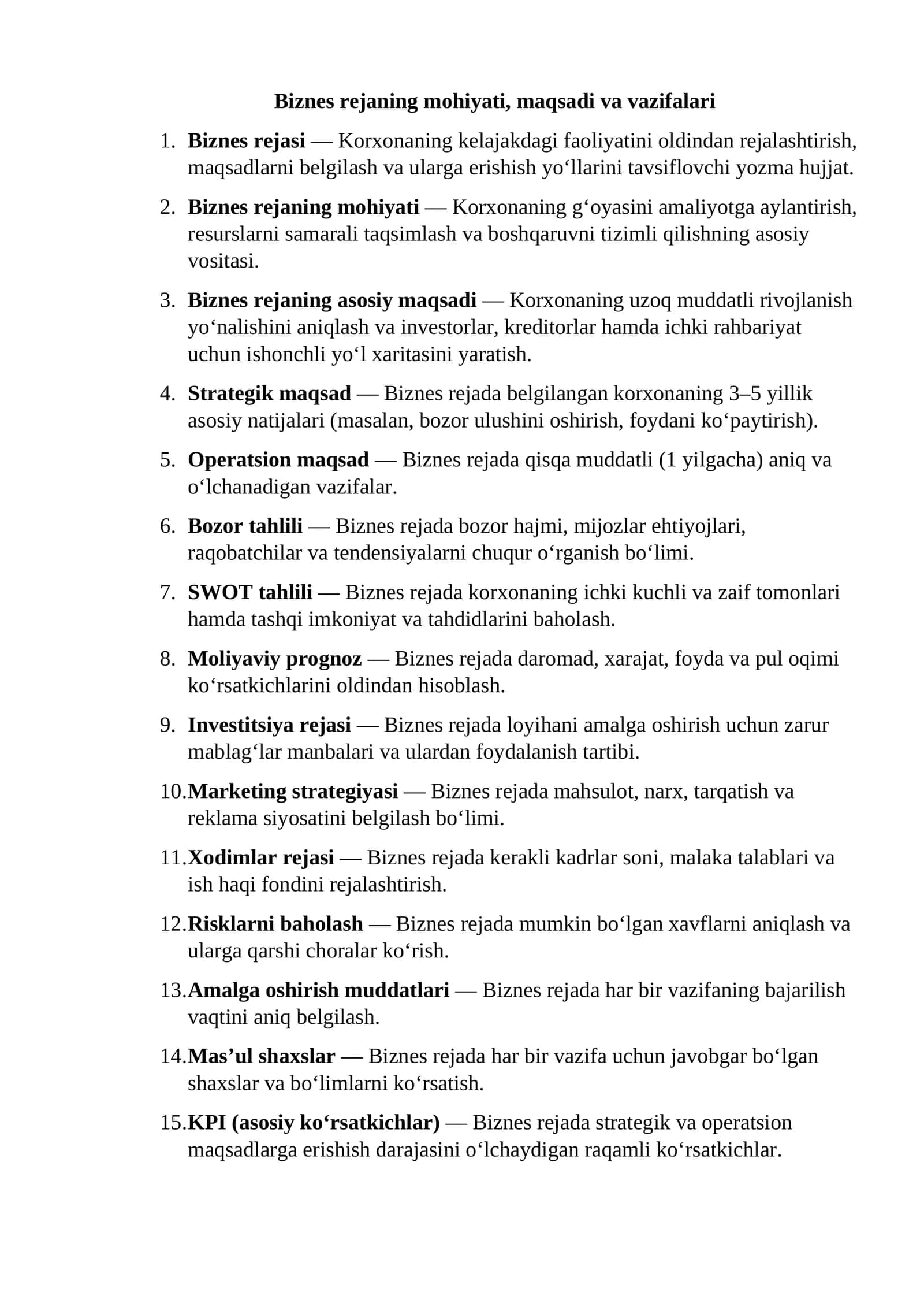 Biznes rejaning mohiyati, maqsadi va vazifalari