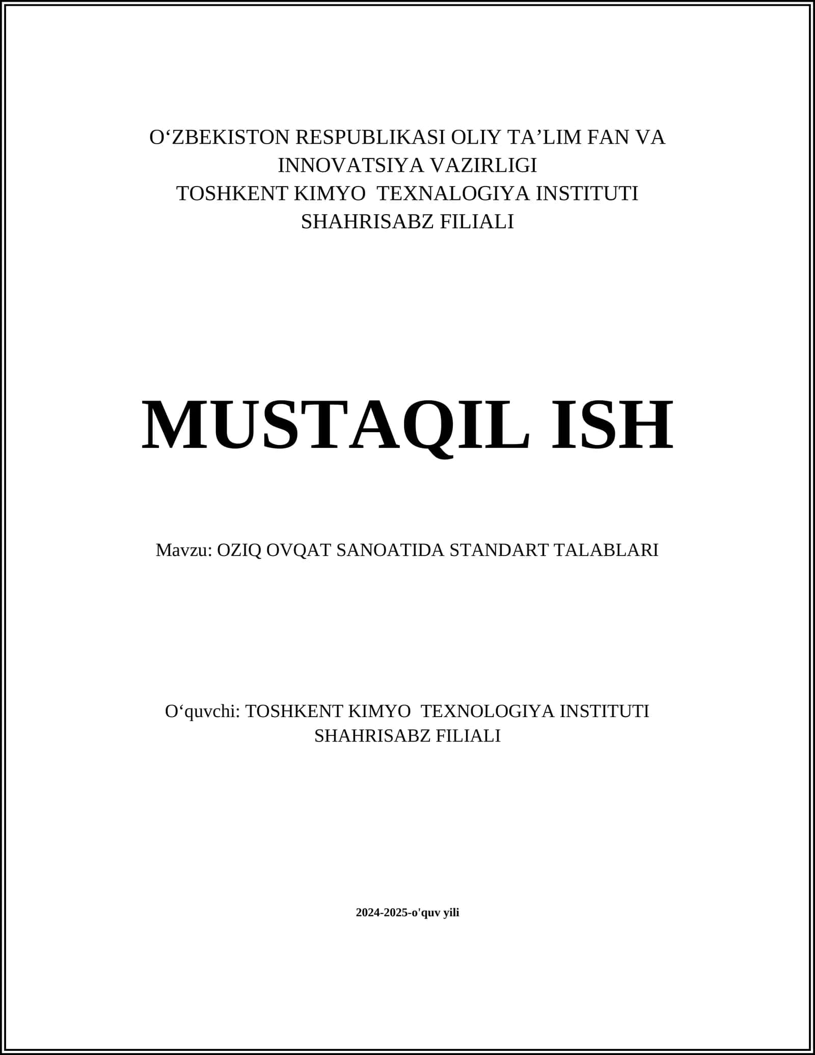 OZIQ OVQAT SANOATIDA STANDART TALABLARI