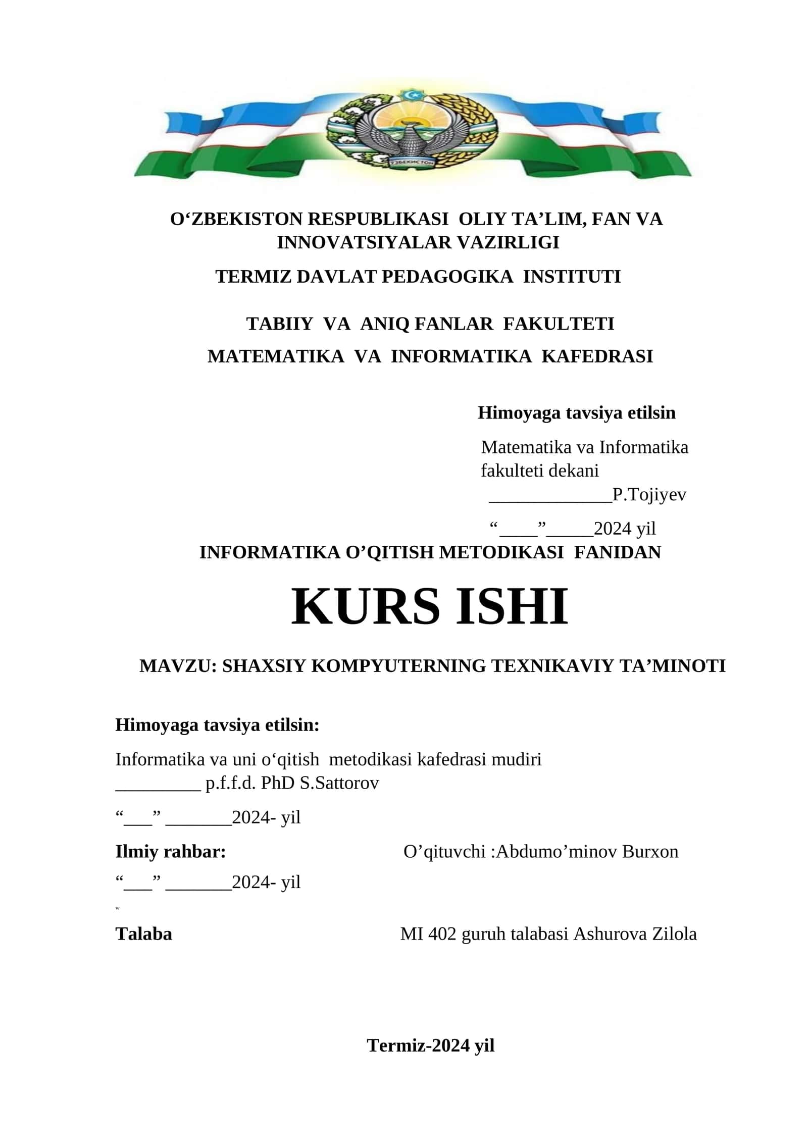 INFORMATIKA O’QITISH METODIKASI fanidan KURS ISHI