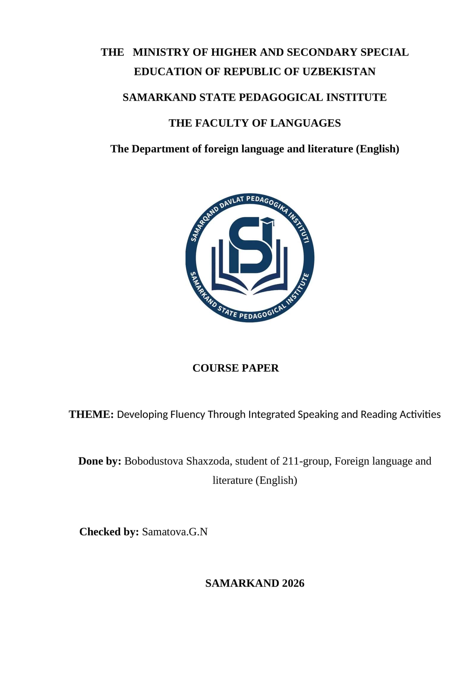 COURSE PAPER THEME: Developing Fluency Through Integrated Speaking and Reading Activities