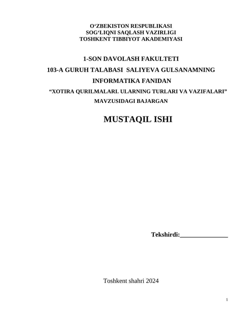 XOTIRA QURILMALARI. ULARNING TURLARI VA VAZIFALARI