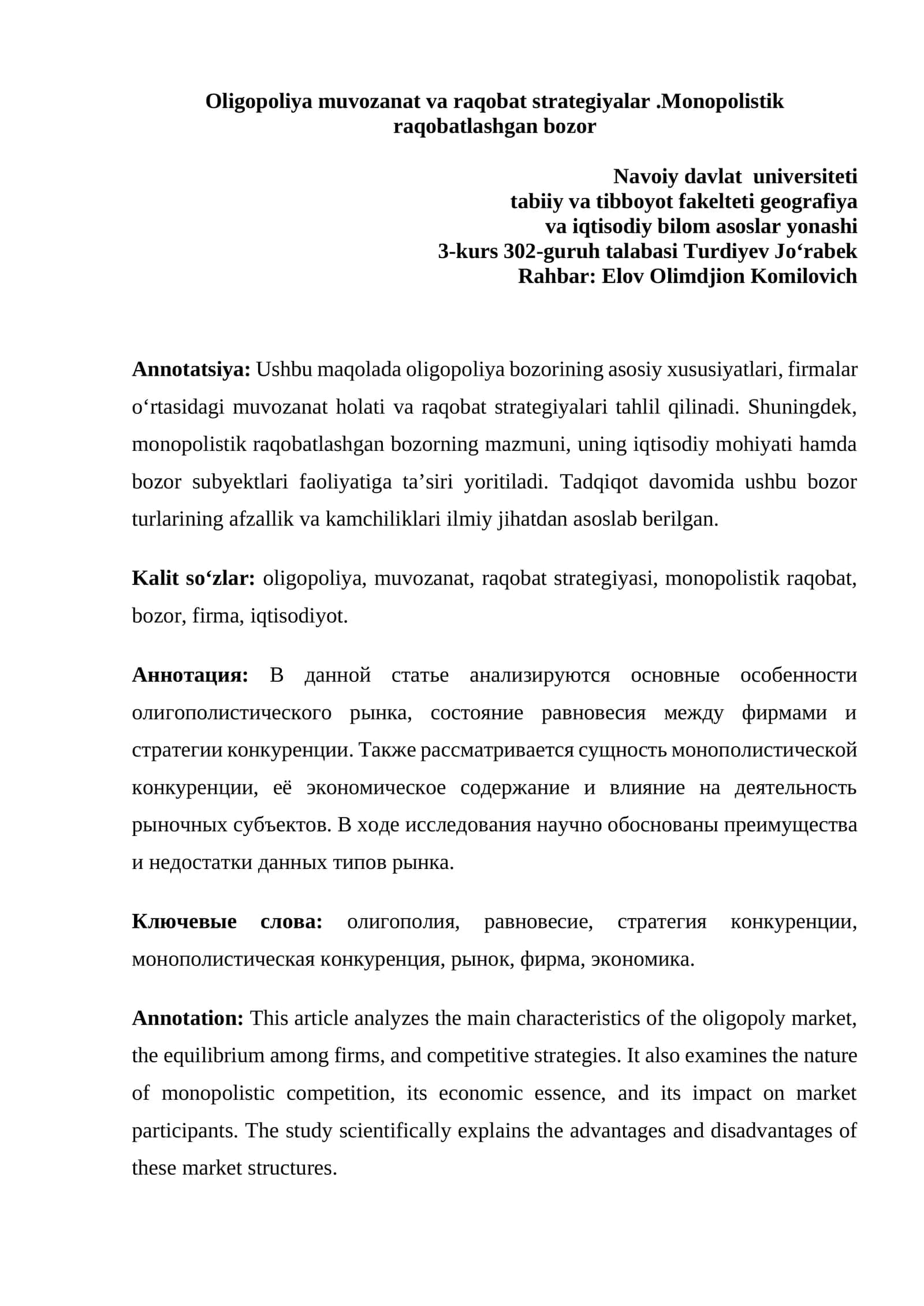 Oligopoliya muvozanat va raqobat strategiyalar