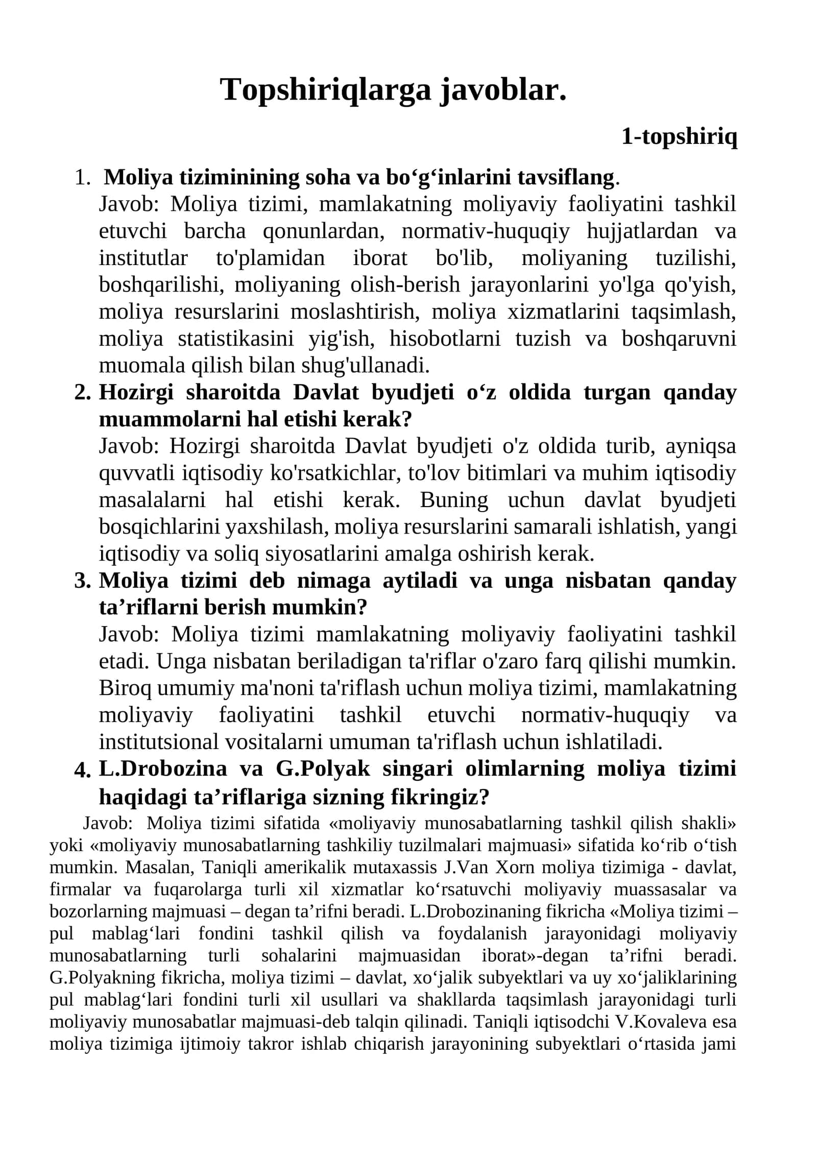 Topshiriqlarga javoblar