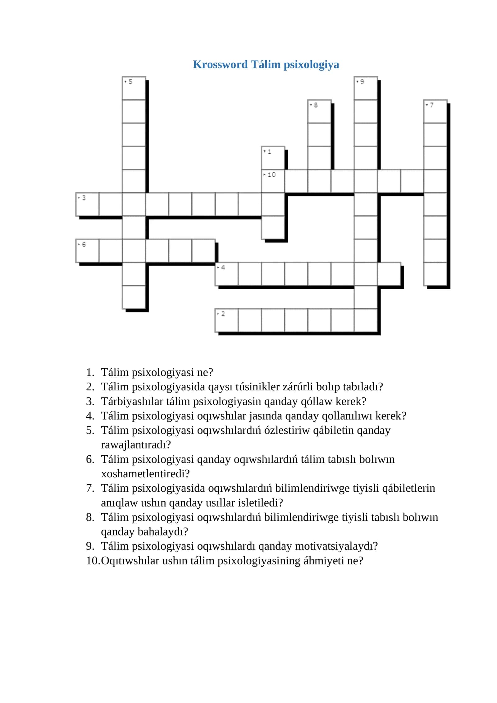 Krossword Tálim psixologiya