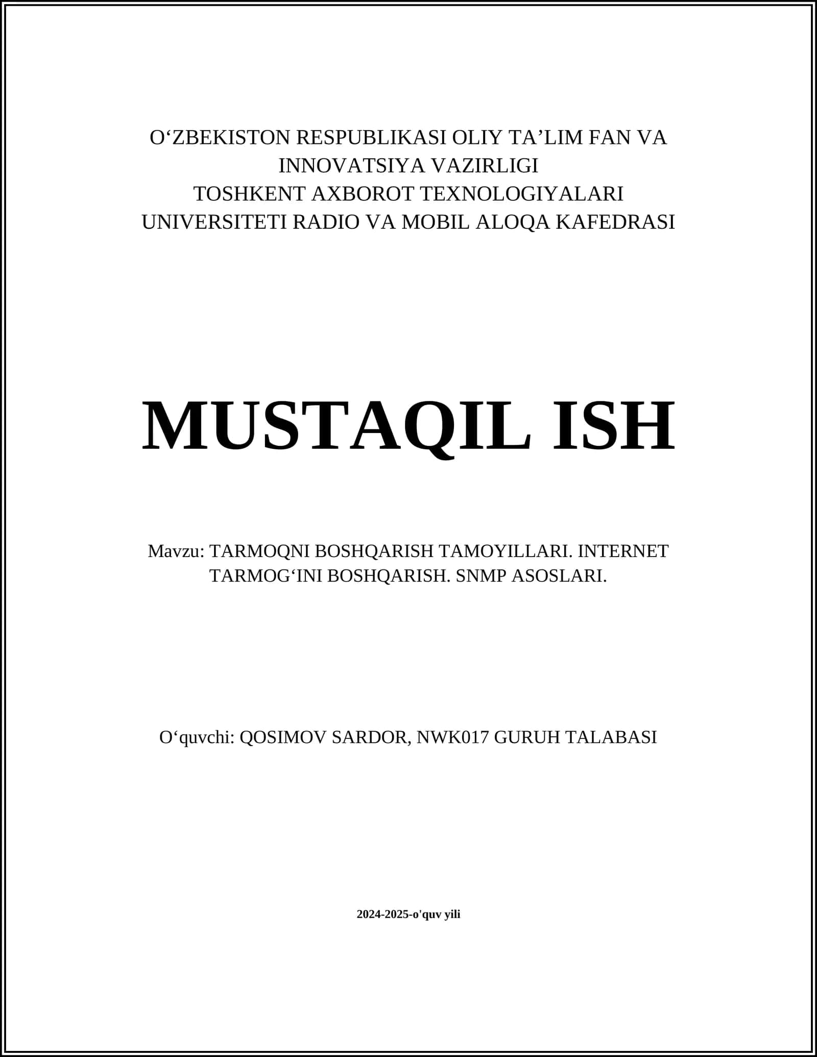 Tarmoqni Boshqarish Tamojillari