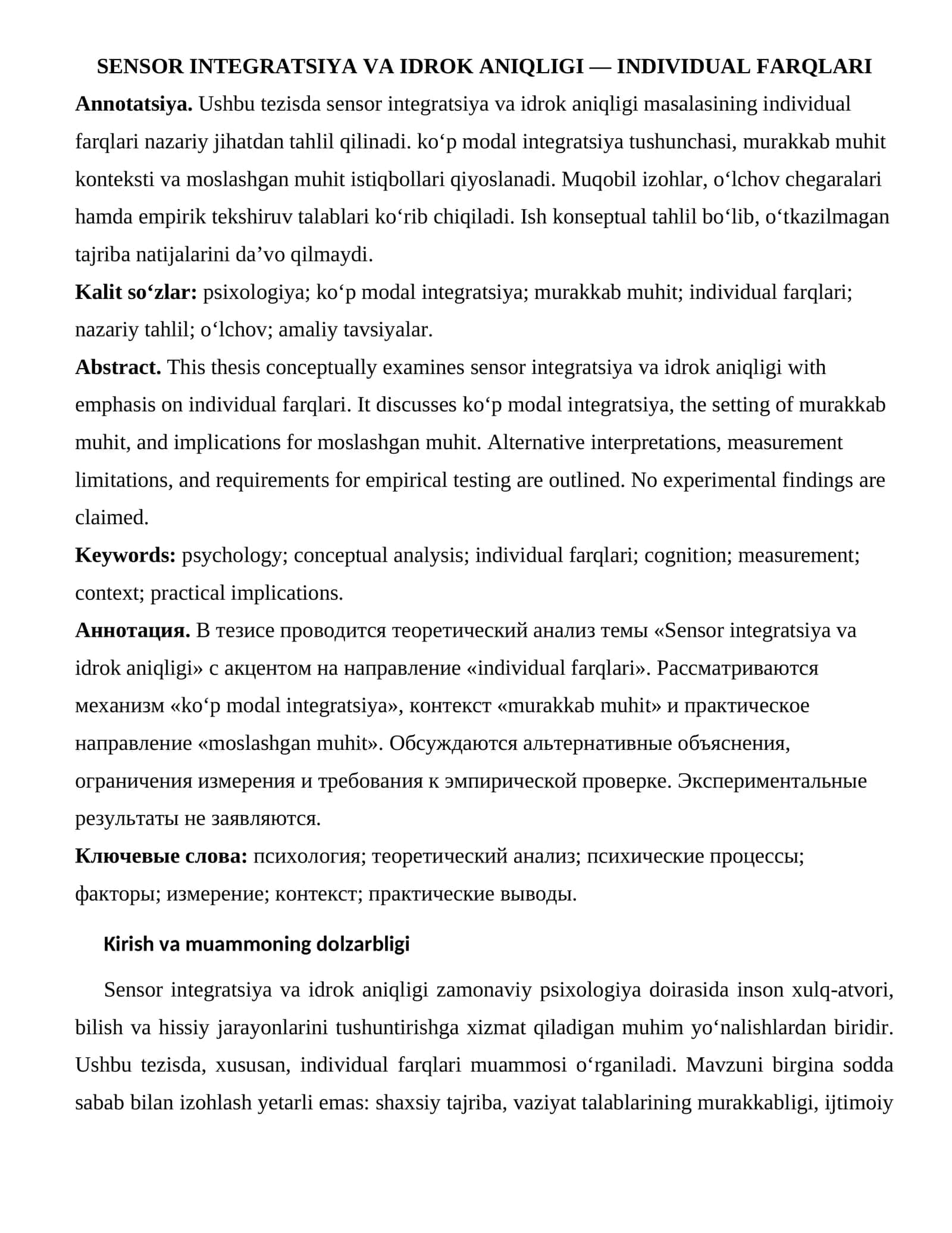 SENSOR INTEGRATSIYA VA IDROK ANIQLIGI — INDIVIDUAL FARQLARI