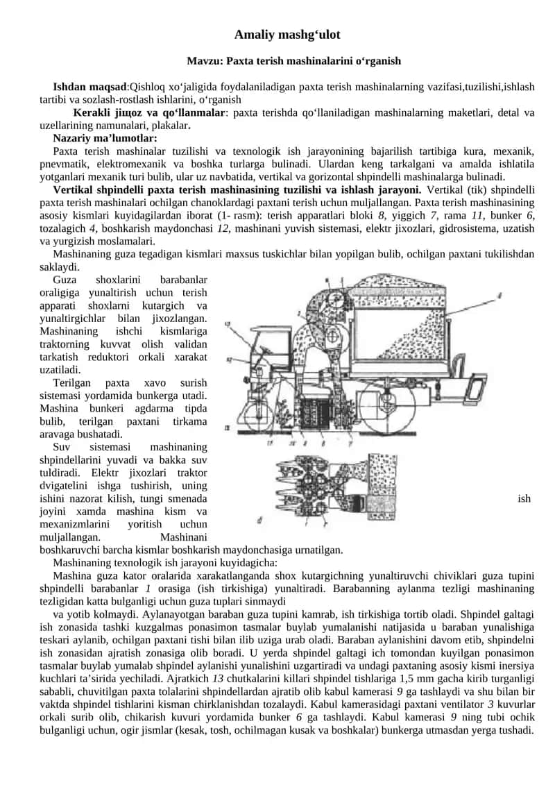 Vertikal shpindelli paxta terish mashinalari tuzilishi va ishlash tartibi