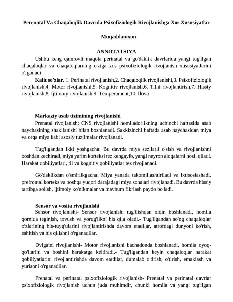 Perinatal Va Chaqaloqlik Davrida Psixofiziologik Rivojlanishga Xos Xususiyatlar