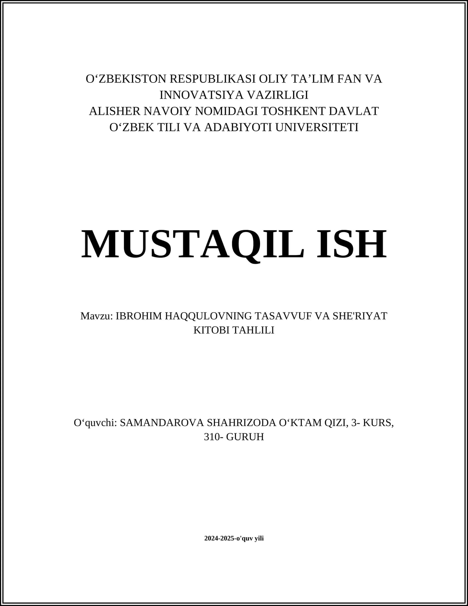 IBROHIM HAQQULOVNING TASAVVUF VA SHE'RIYAT KITOBI TAHLILI