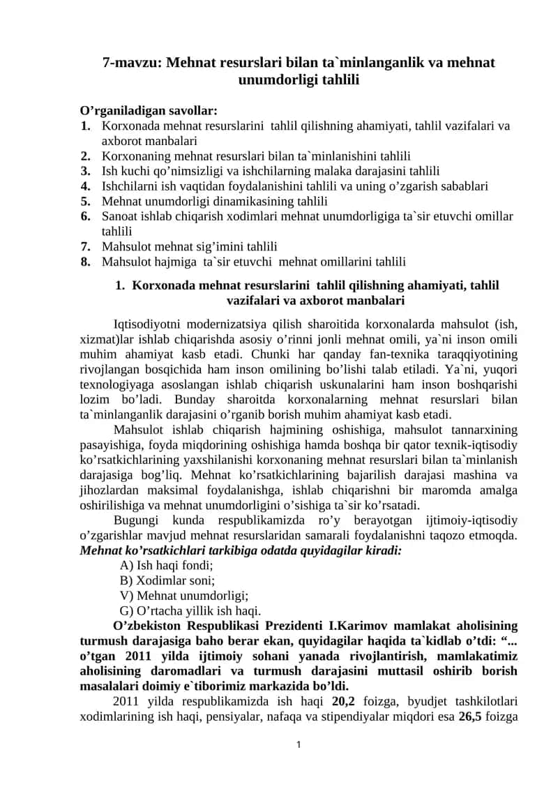 Mehnat resurslari bilan ta`minlanganlik va mehnat unumdоrligi tahlili