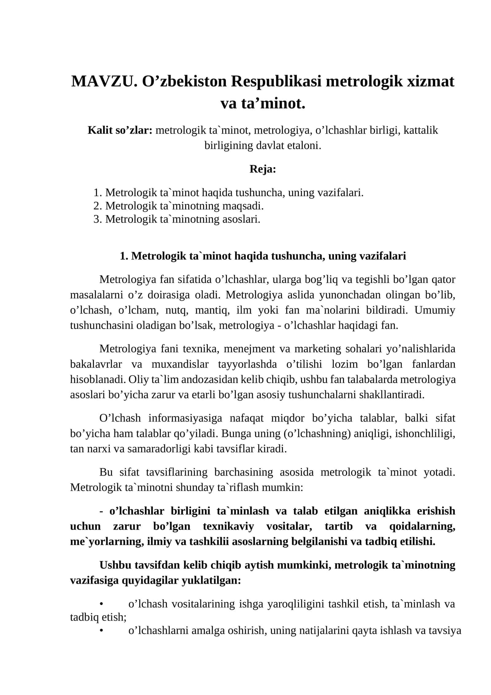 O’zbekiston Respublikasi metrologik xizmat va ta’minot