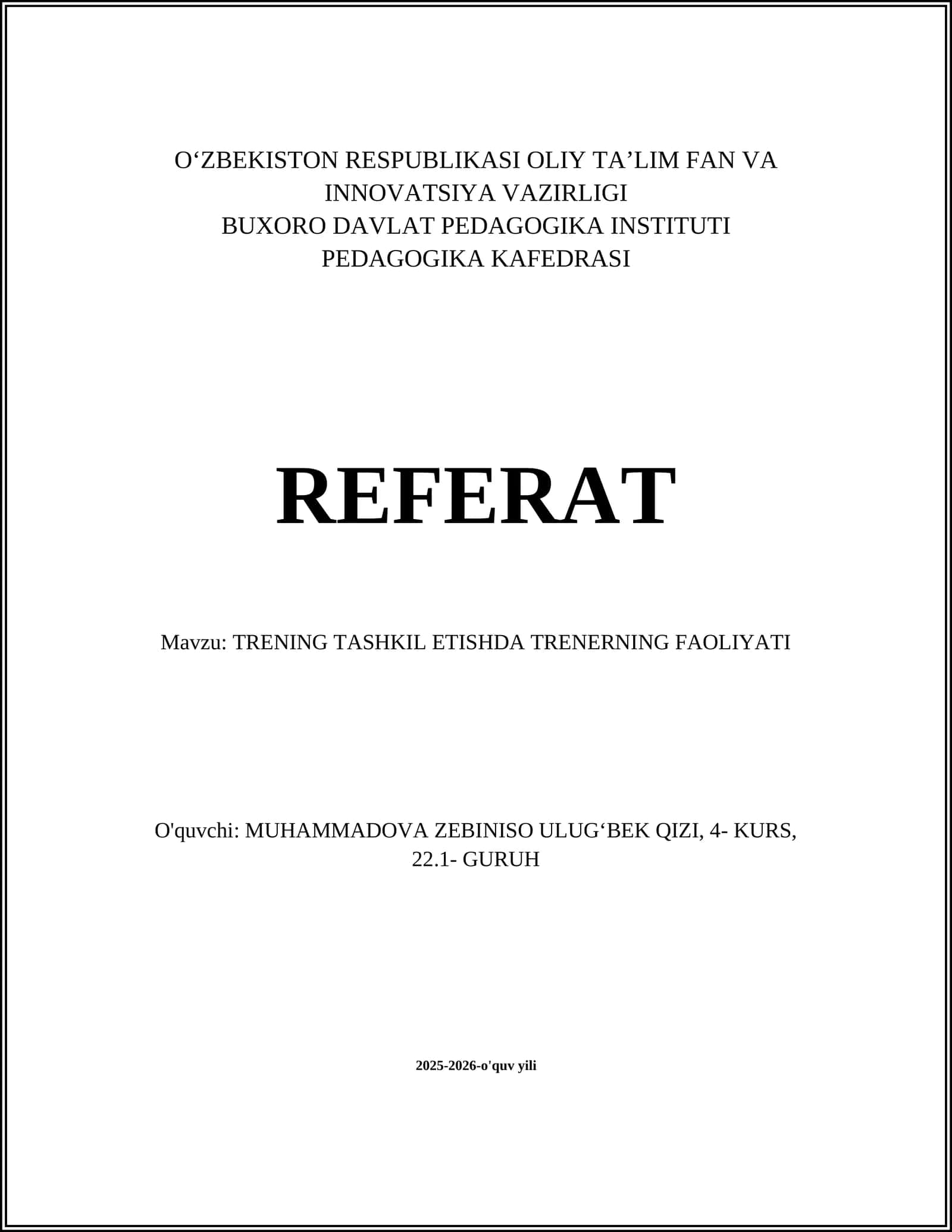 TRENING TASHKIL ETISHDA TRENERNING FAOLIYATI