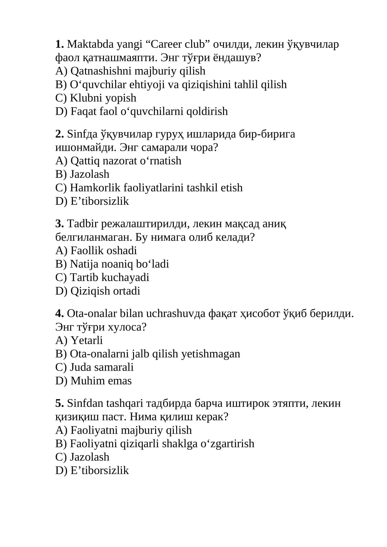 Maktab maslahatchilari uchun testlar to'plami 2026
