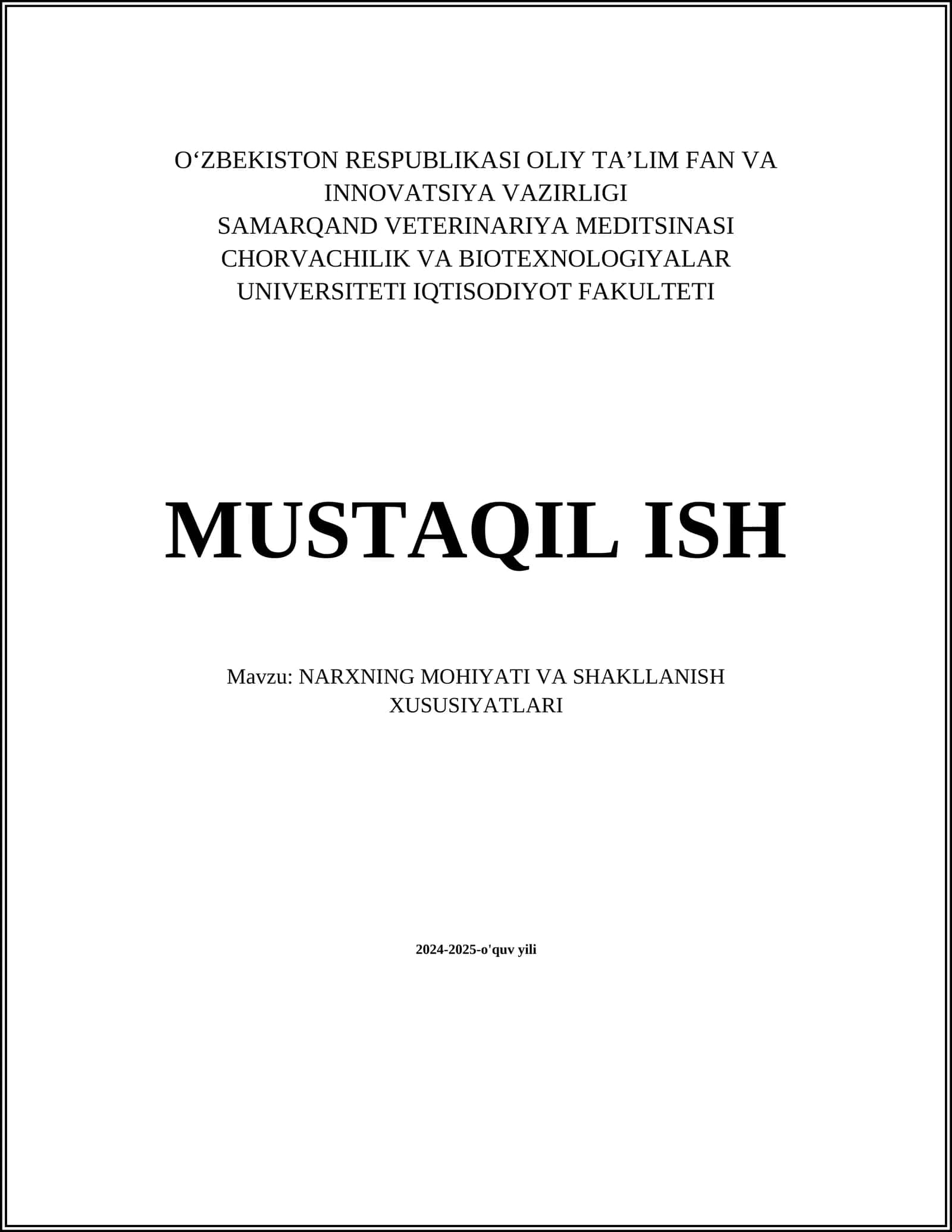 NARXNING MOHIYATI VA SHAKLLANISH XUSUSIYATLARI