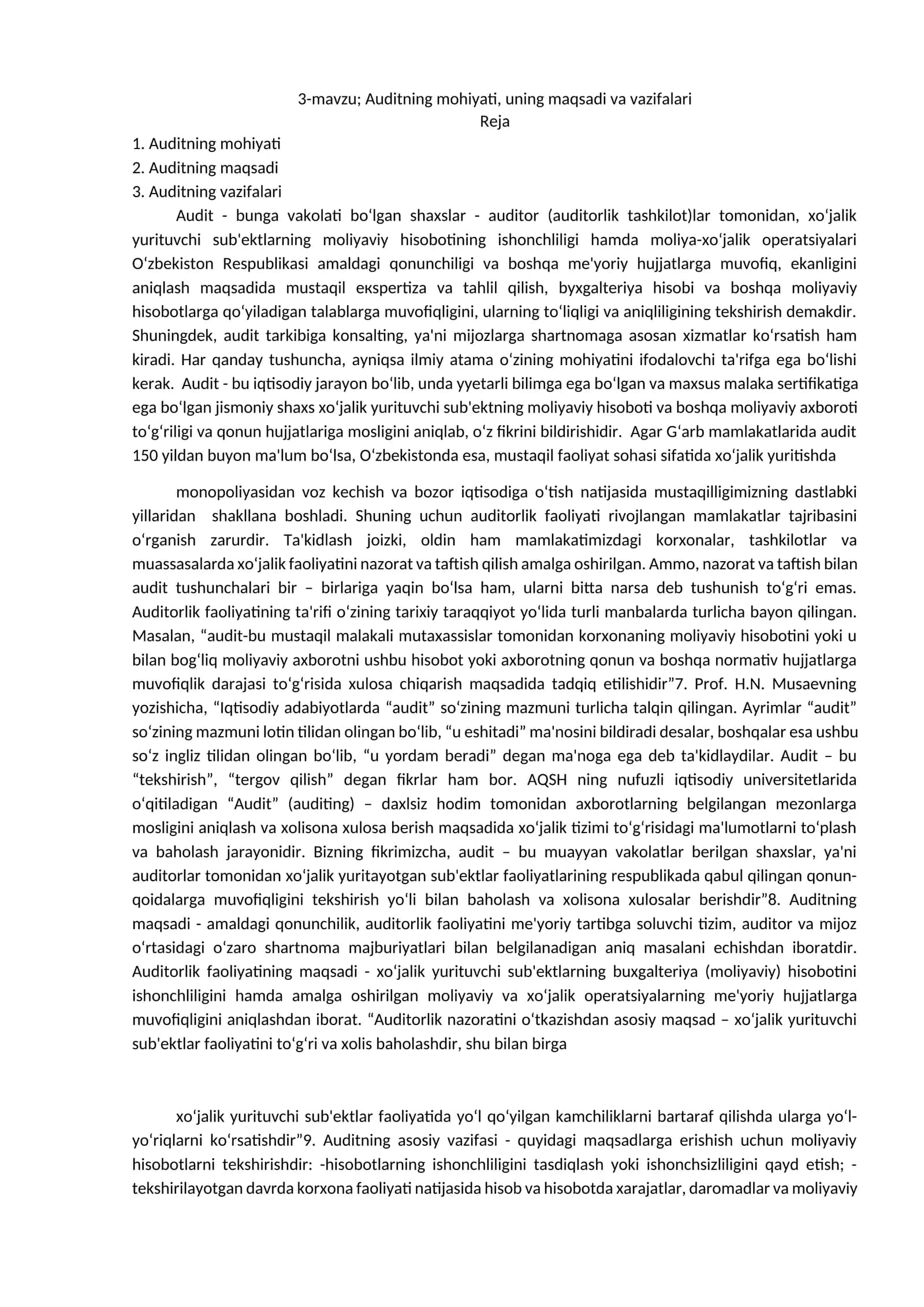 Auditning mohiyati, uning maqsadi va vazifalari