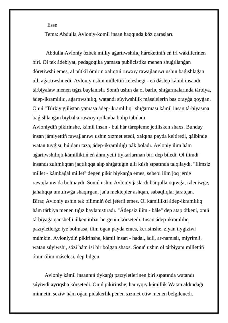Abdulla Avloniy-komil insan haqqında kóz qarasları