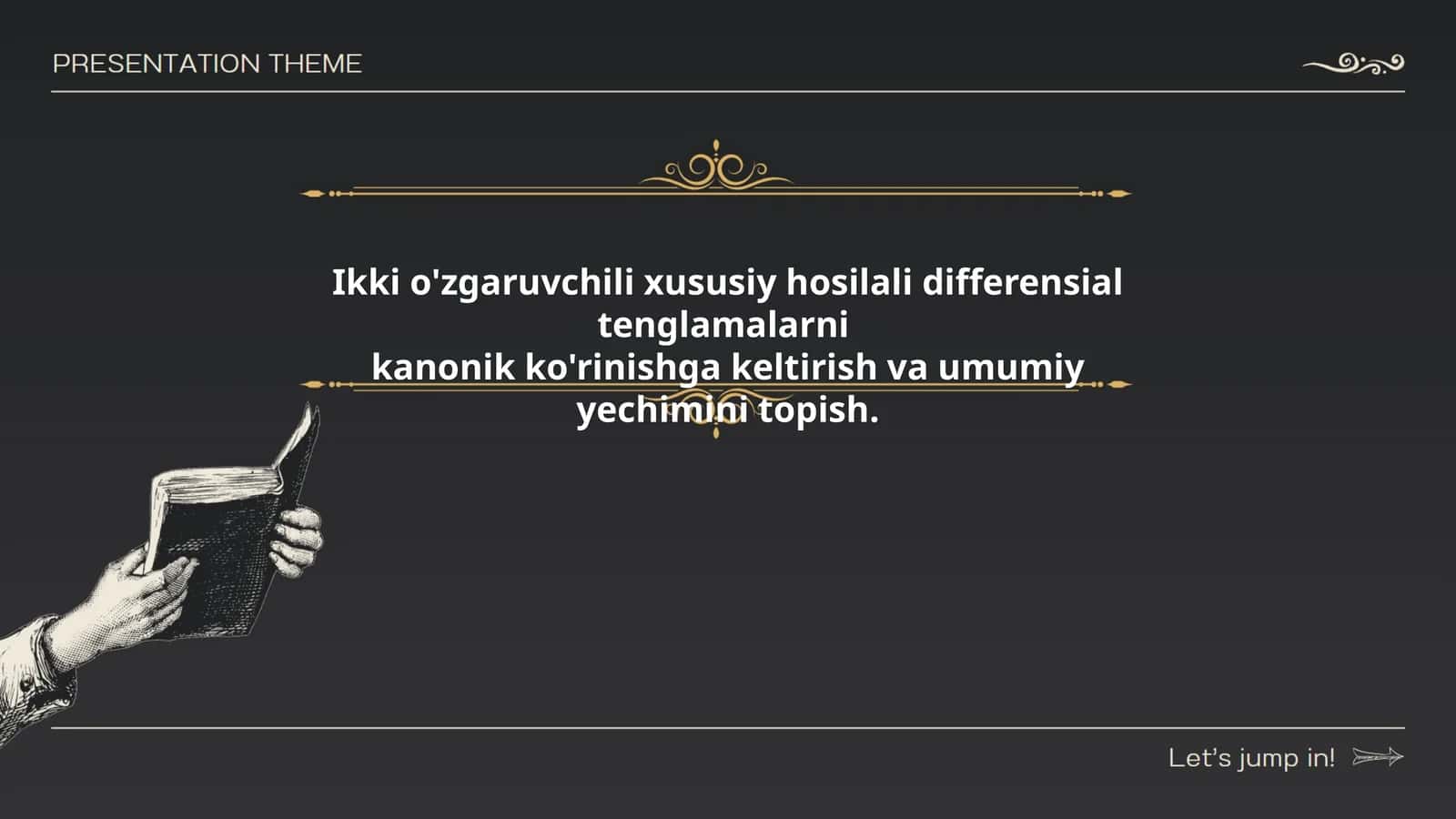 Ikki o'zgaruvchili xususiy hosilali differensial tenglamalarni kanonik ko'rinishga keltirish va umumiy yechimini topish