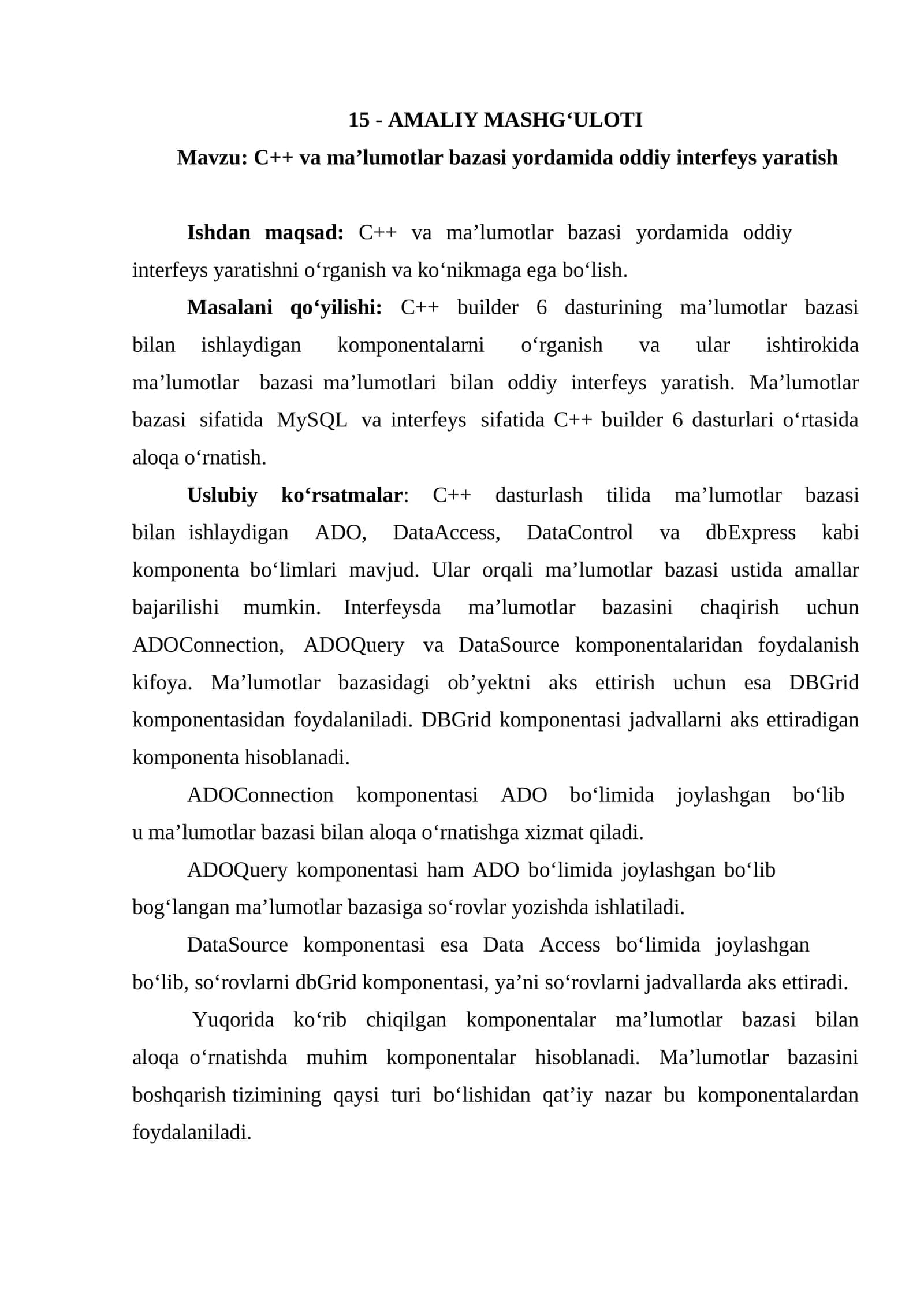 C++ va ma’lumotlar bazasi yordamida oddiy interfeys yaratish