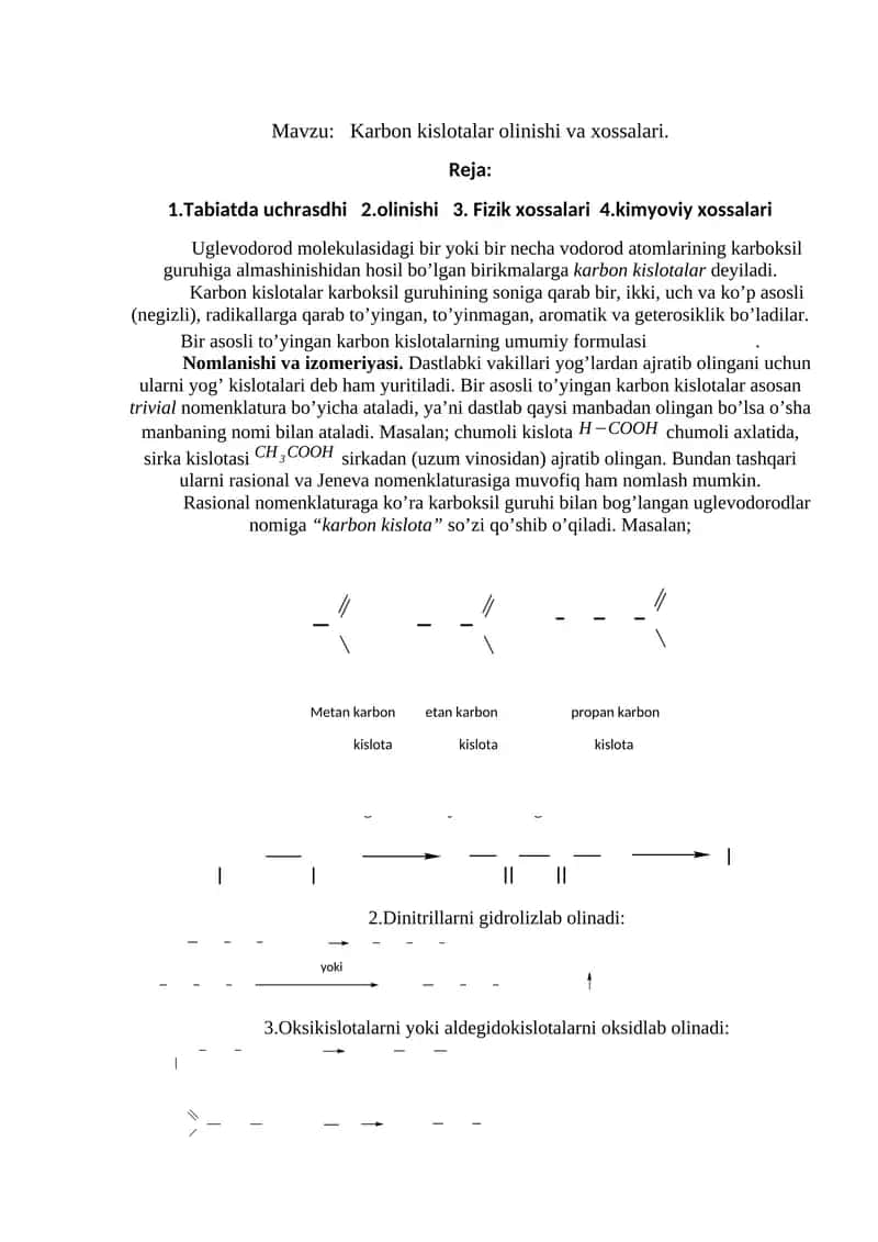 Karbon kislotalar olinishi va xossalari