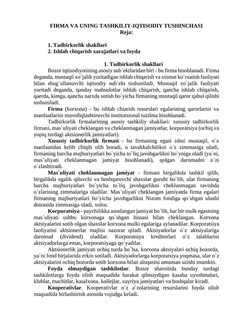 FIRMA VA UNING TASHKILIY-IQTISODIY TUSHINCHASI
