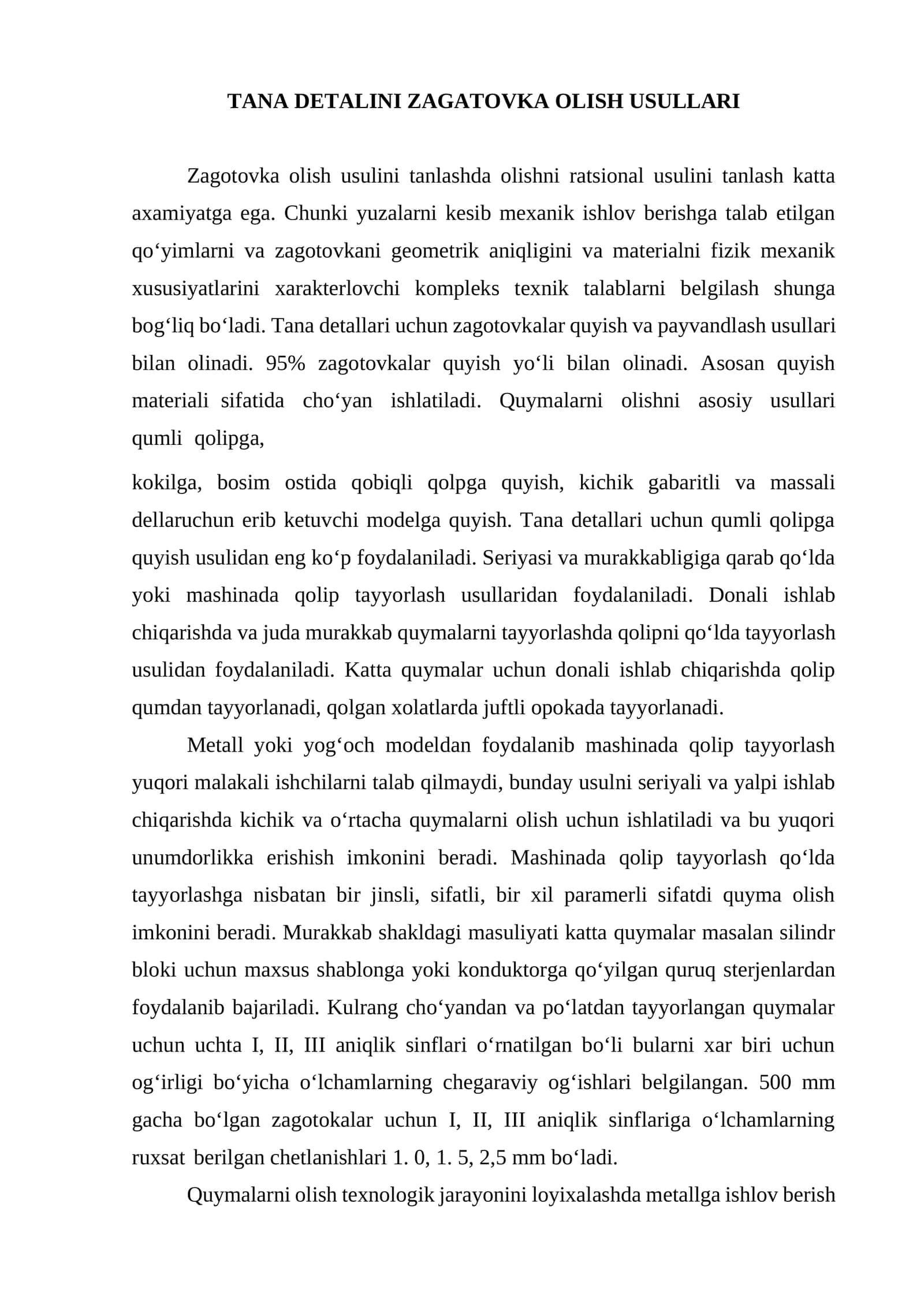 Tana Detalini Zagatovka Olish Usullari
