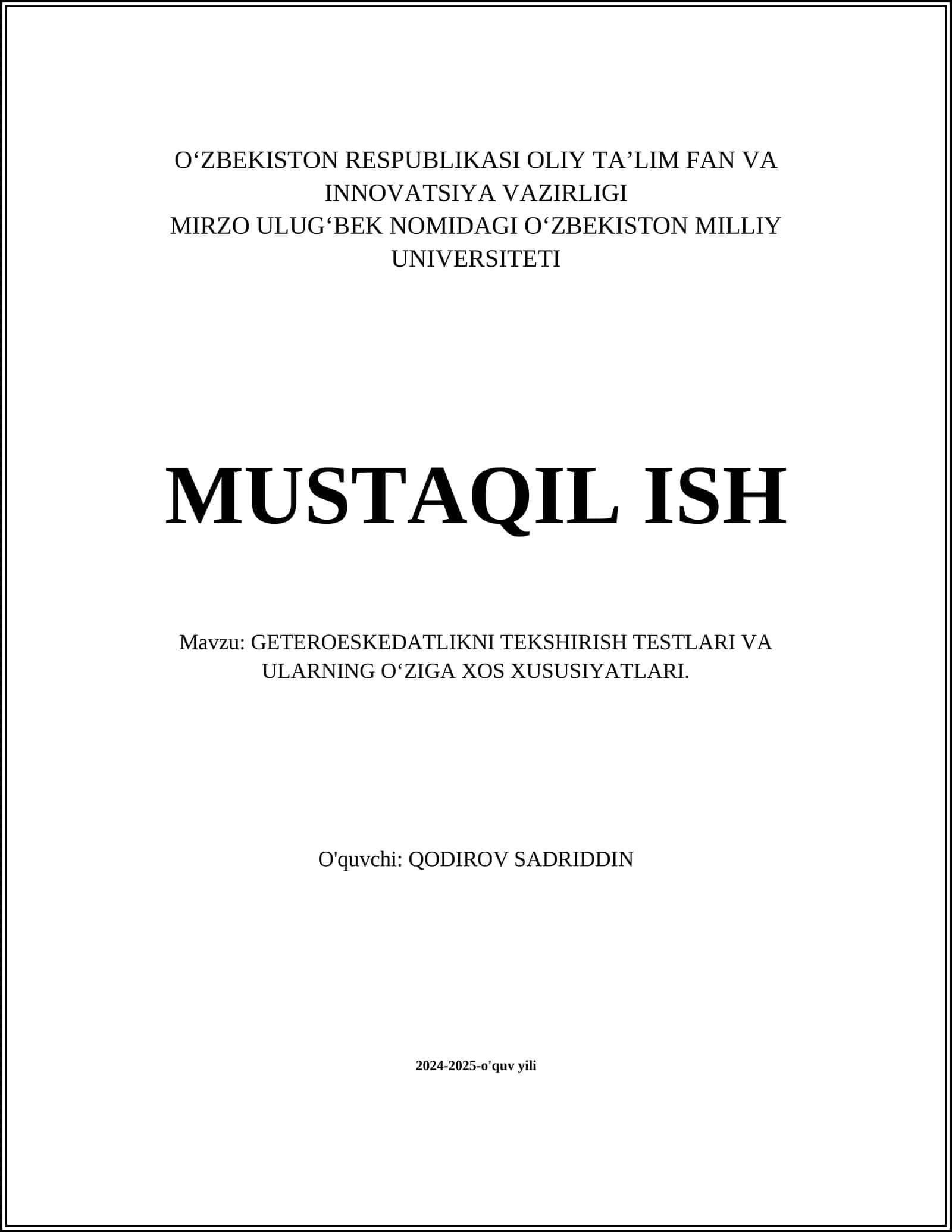 GETEROESKEDATLIKNI TEKSHIRISH TESTLARI VA ULARNING O‘ZIGA XOS XUSUSIYATLARI