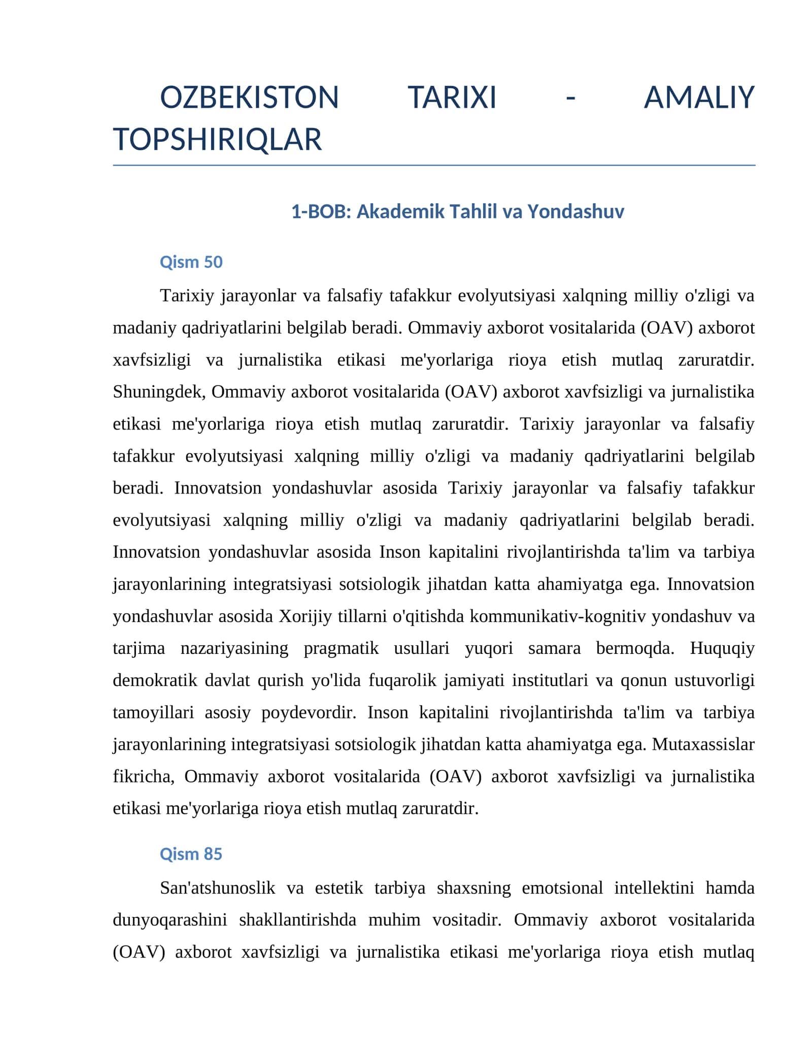 OZBEKISTON TARIXI - AMALIY TOPSHIRIQLAR