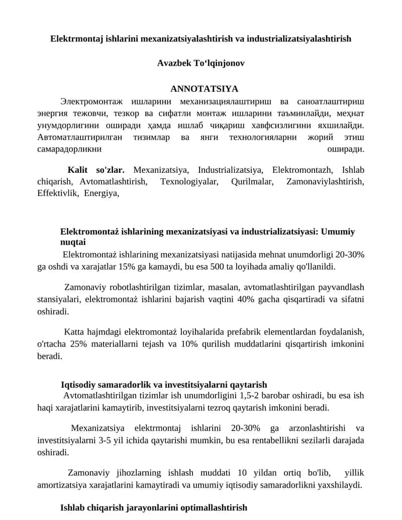 Elektromontazh ishlarini mexanizatsiyalashtirish va industrializatsiyalashtirish