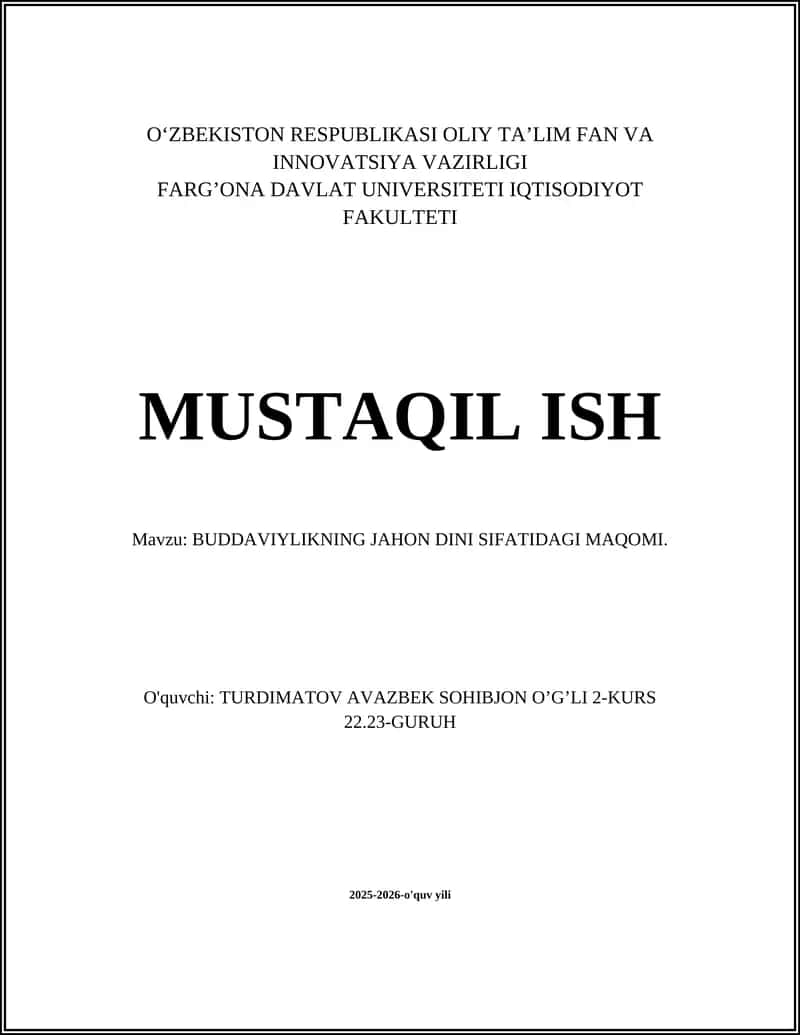 BUDDAVIYLIKNING JAHON DINI SIFATIDAGI MAQOMI