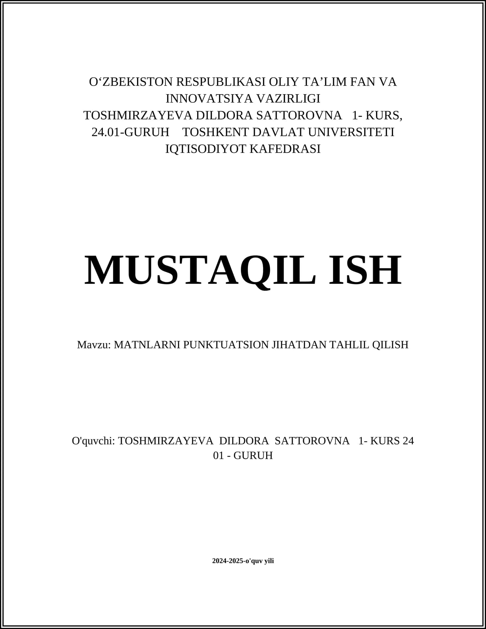 MATNLARNI PUNKTUATSION JIHATDAN TAHLIL QILISH