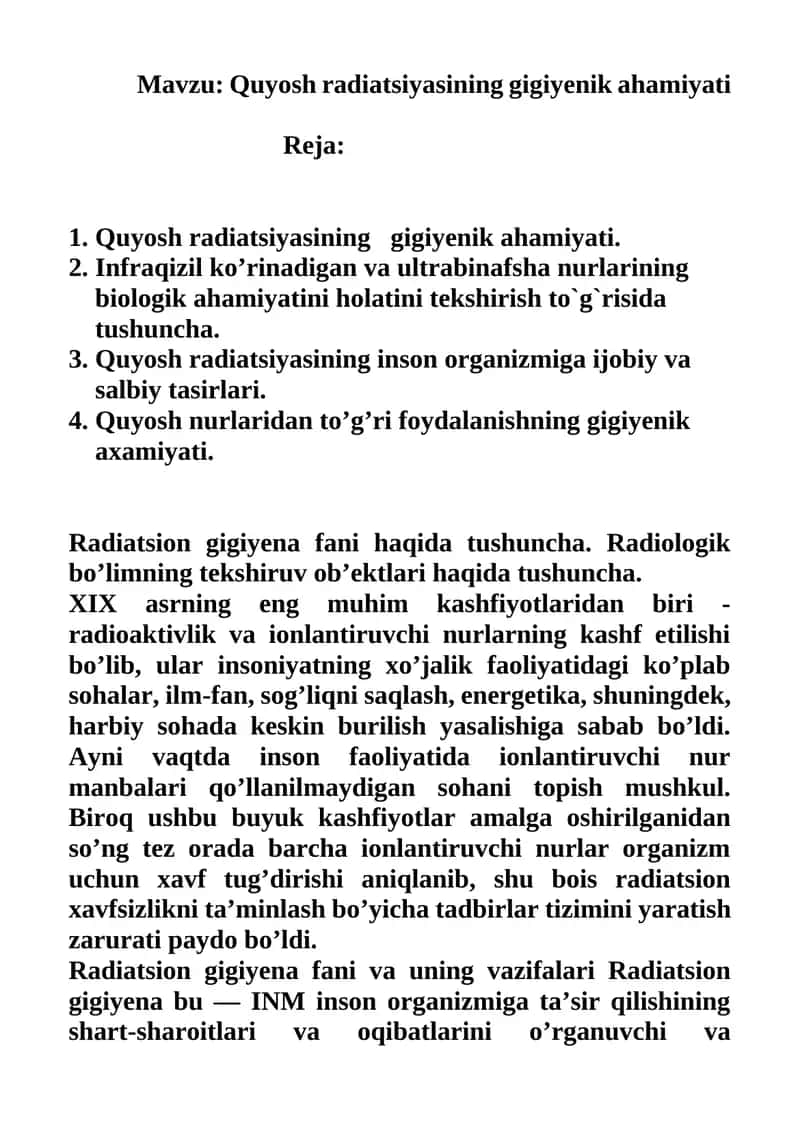 Quyosh radiatsiyasining gigiyenik ahamiyati