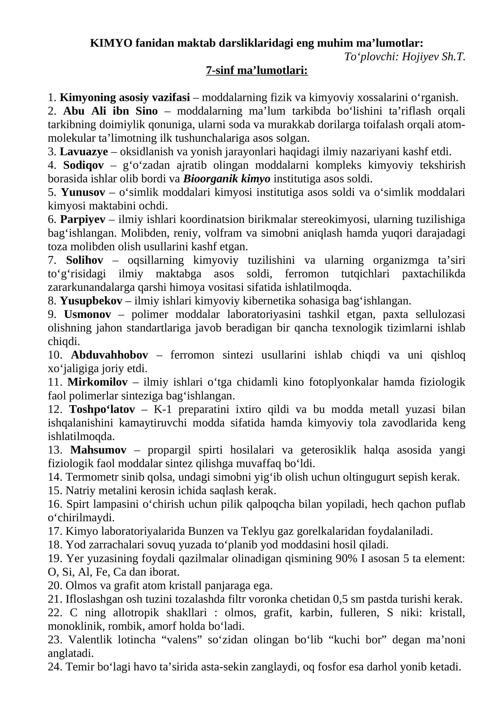 Kimyo fanidan 7-, 8- va 9-sinf darslikdagi asosiy maʼlumotlar