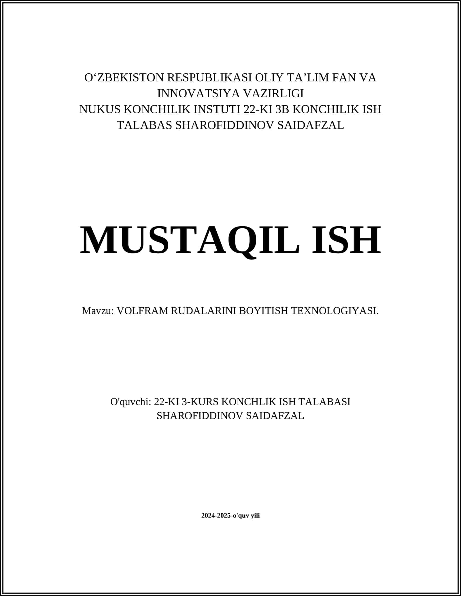 VOLFRAM RUDALARINI BOYITISH TEXNOLOGIYASI
