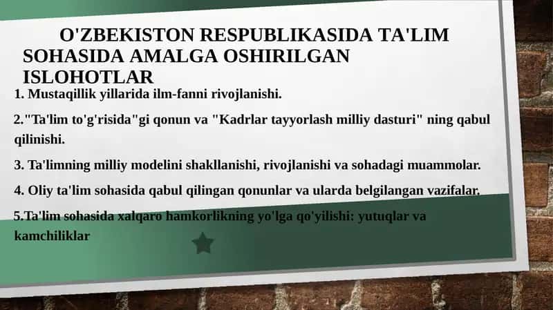 O'ZBEKISTON RESPUBLIKASIDA TA'LIM SOHASIDA AMALGA OSHIRILGAN ISLOHOTLAR