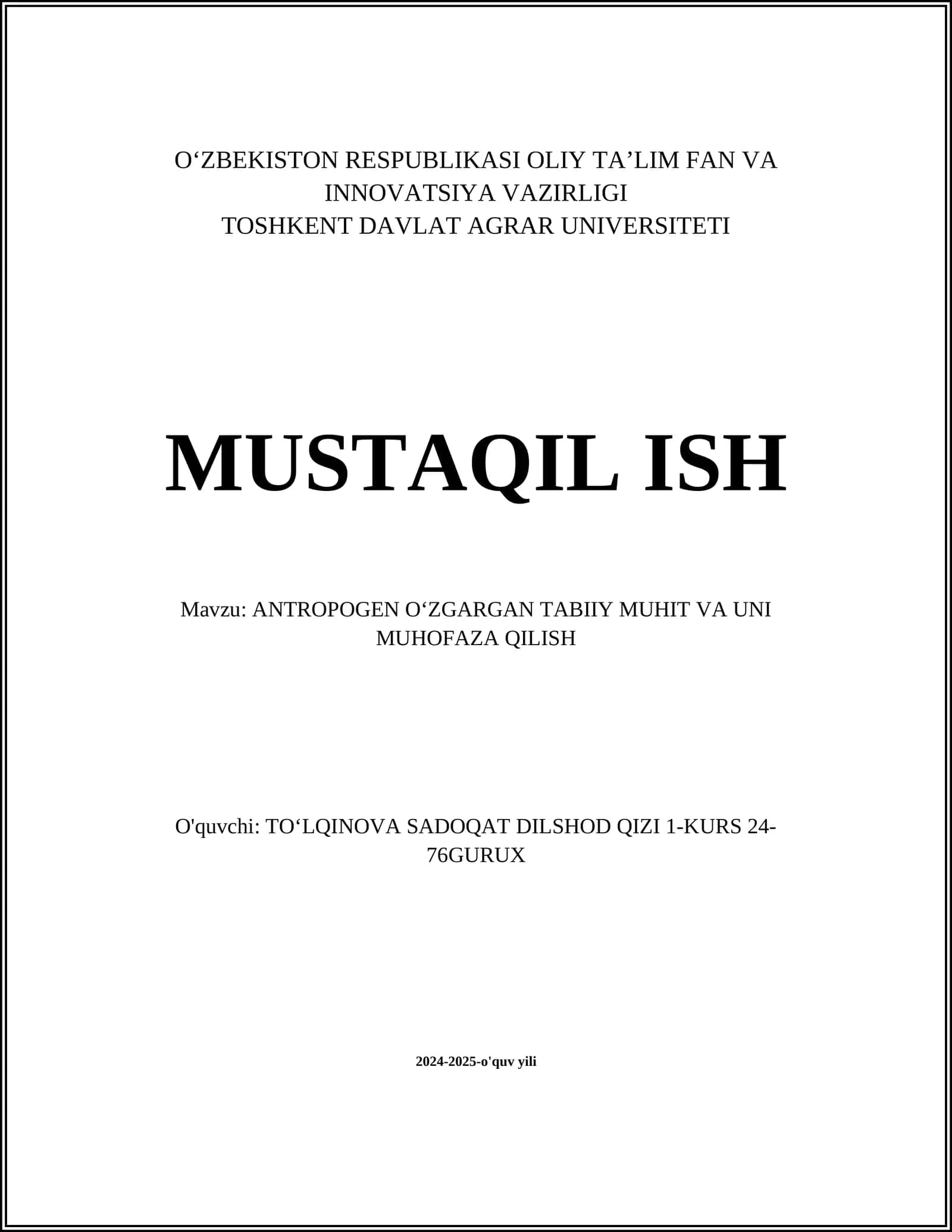 ANTROPOGEN OʻZGARGAN TABIIY MUHIT VA UNI MUHOFAZA QILISH