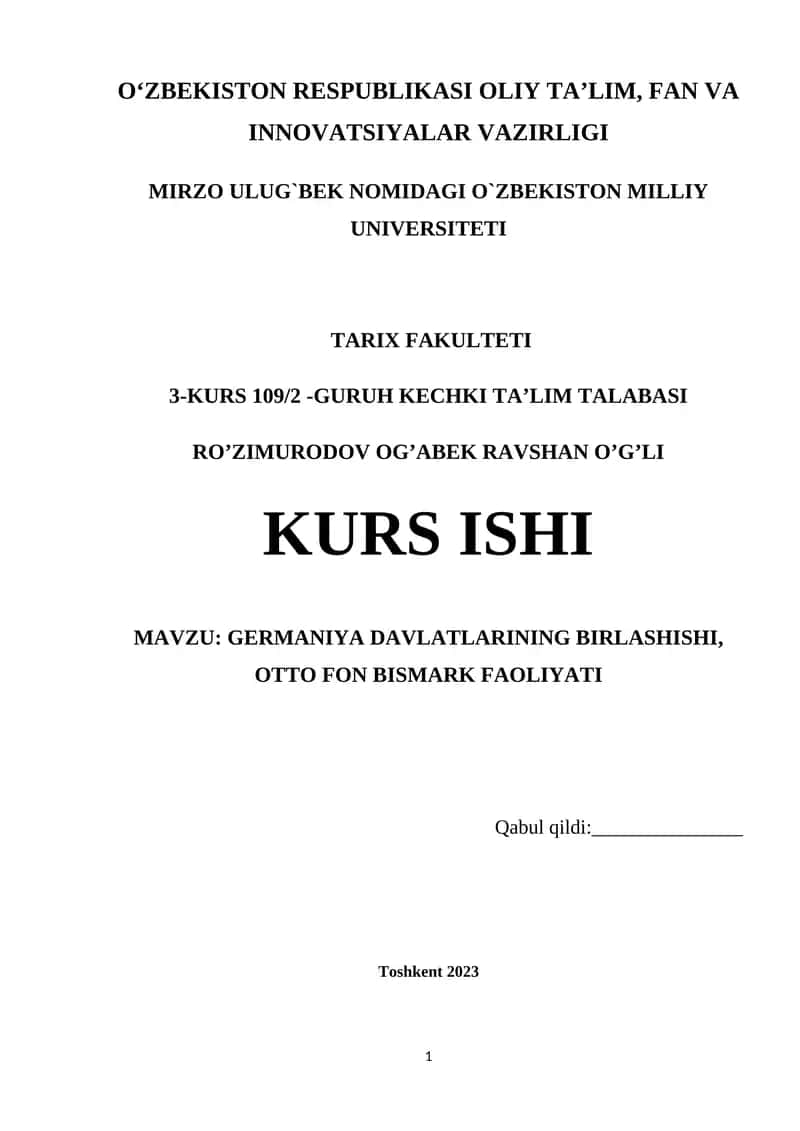 GERMANIYA DAVLATLARINING BIRLASHISHI, OTTO FON BISMARK FAOLIYATI