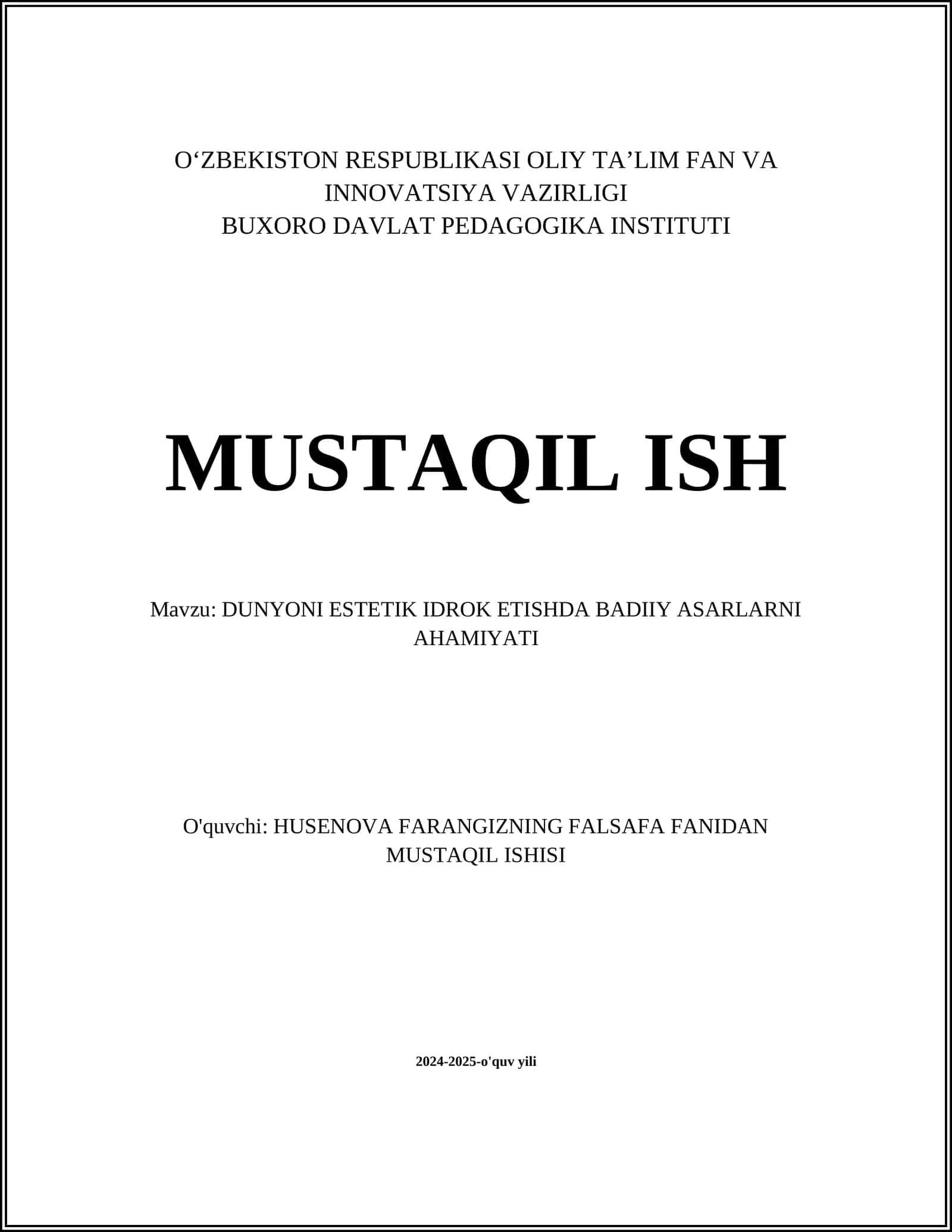 DUNYONI ESTETIK IDROK ETISHDA BADIIY ASARLARNI AHAMIYATI