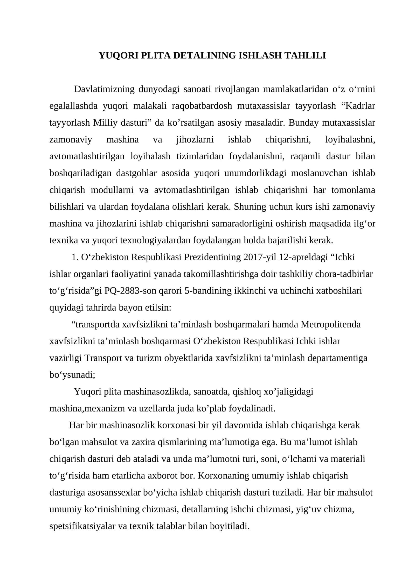 Yuqori Plita Detalining Ishlash Tahlili