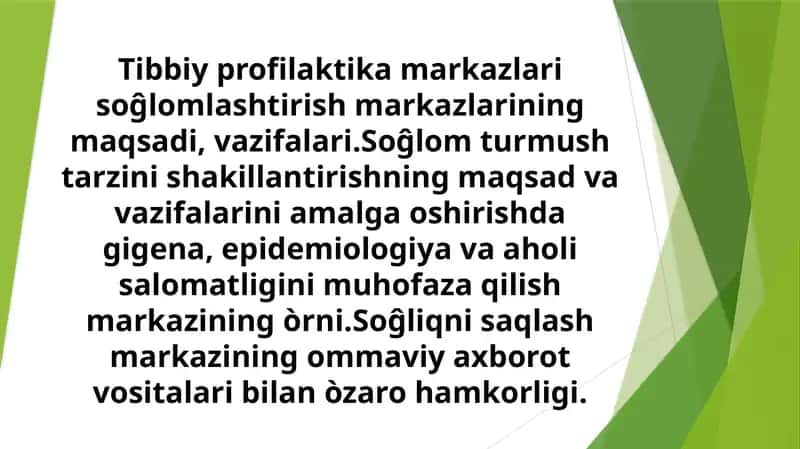 Tibbiy profilaktika markazlari va So'g'lomlashtirish markazlarining maqsadi va vazifalari