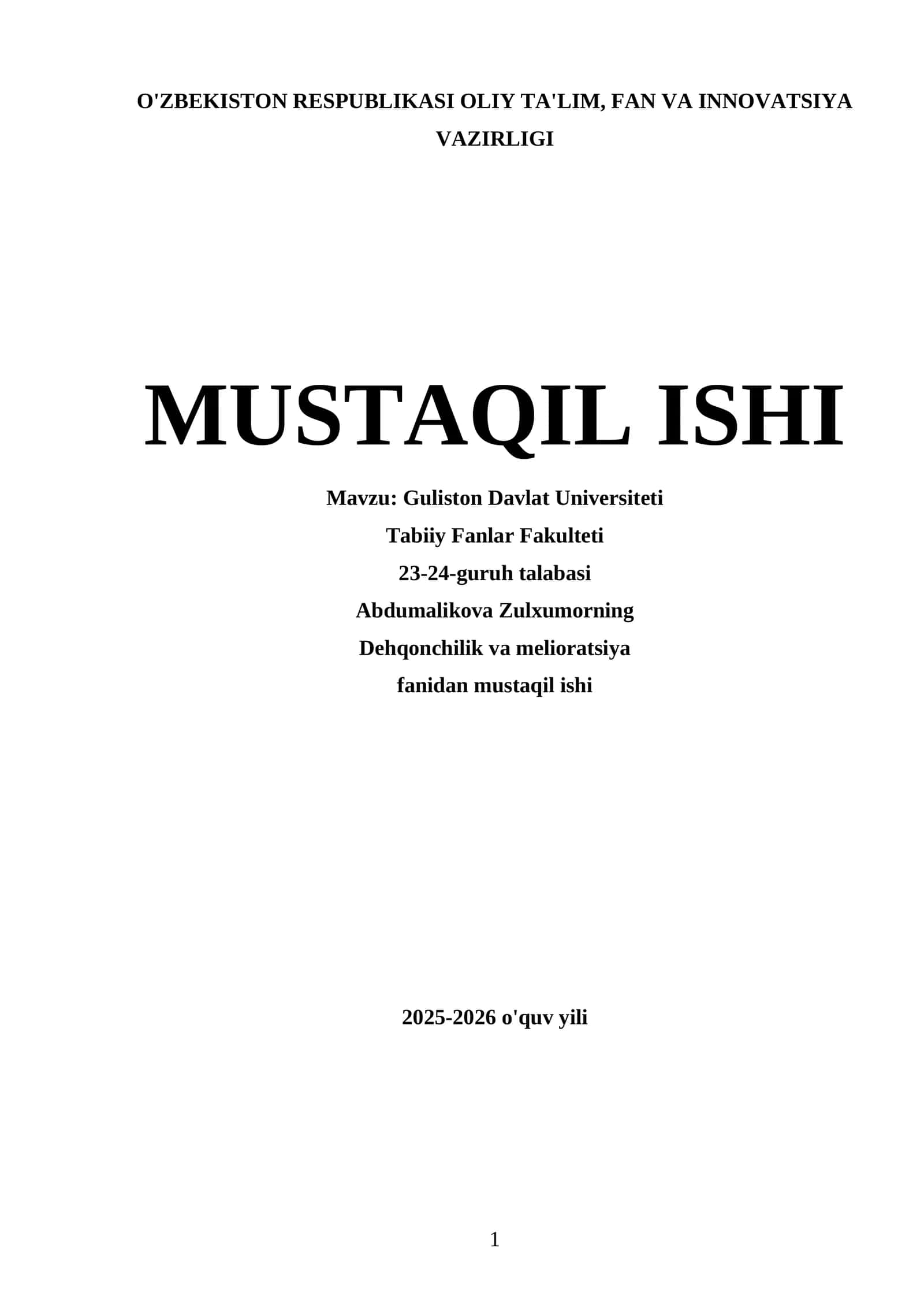 Dehqonchilik va Melioratsiya Mustaqil ishi
