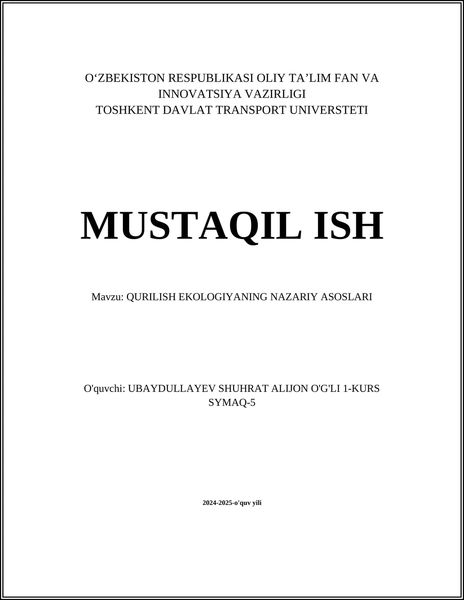 QURILISH EKOLOGIYANING NAZARIY ASOSLARI