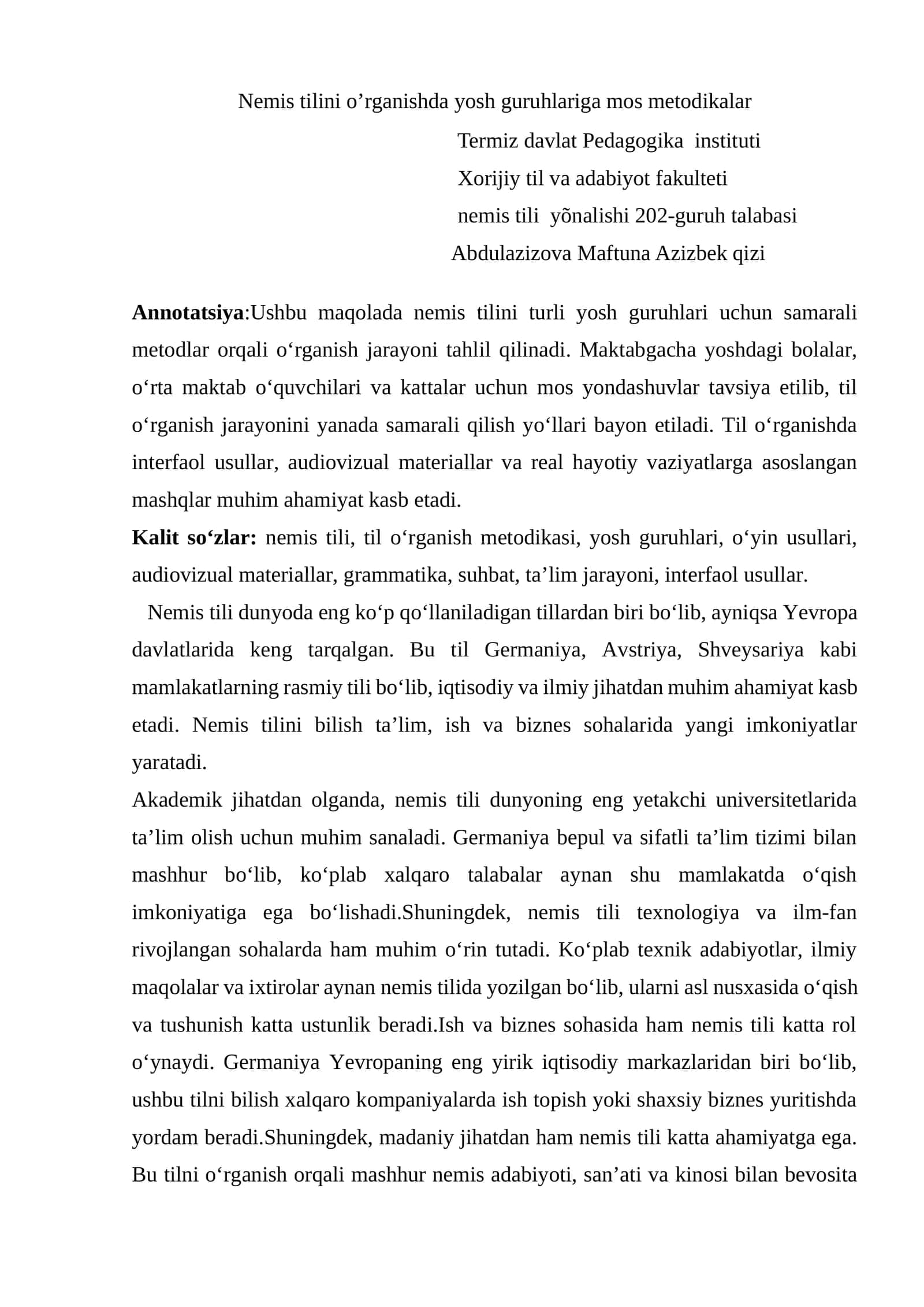 Nemis tilini o’rganishda yosh guruhlariga mos metodikalar