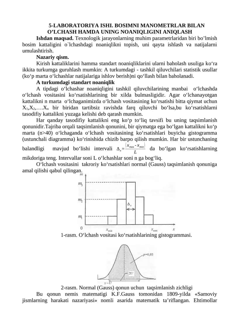 BOSIMNI MANOMETRLAR BILAN O’LCHASH