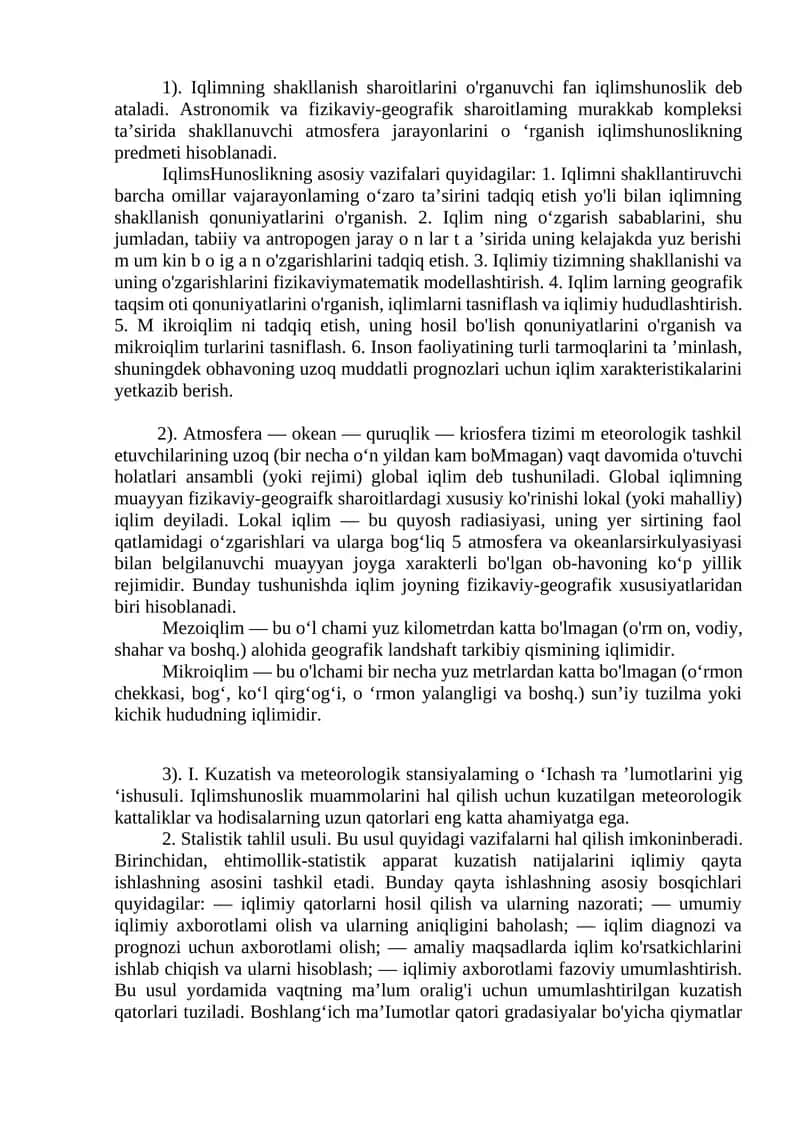 Iqlimshunoslik fanining asosiy vazifalari